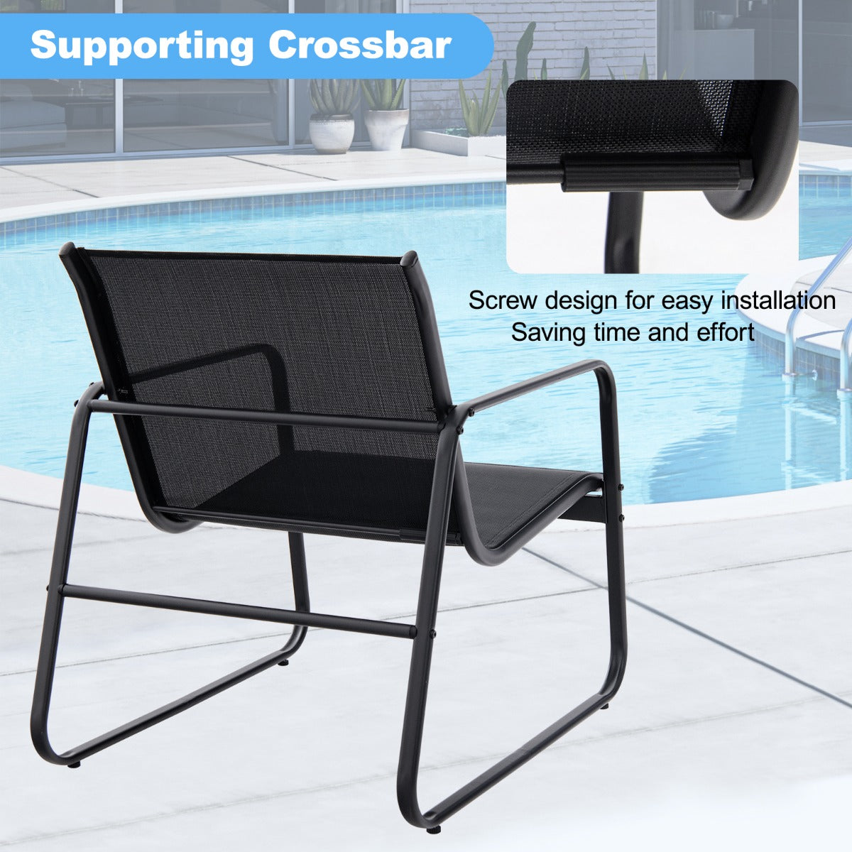 LIVSK 3-delige Metalen Conversatieset - Ergonomische Stoelen - Ademende Stof - Geharde Glastafel - Tot 150 kg - Zwart