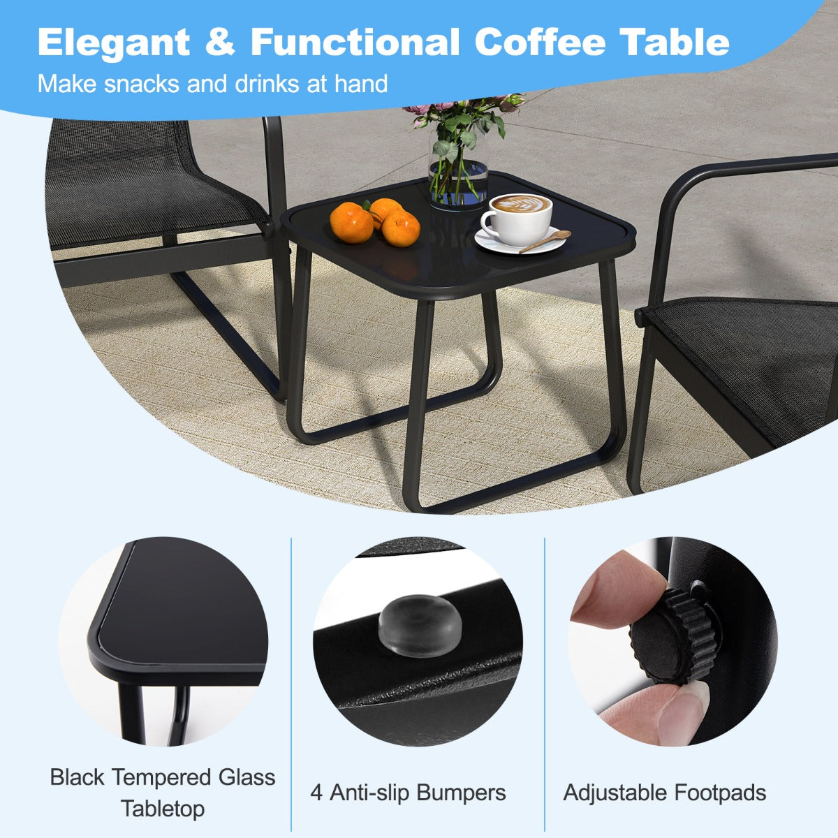 LIVSK 3-delige Metalen Conversatieset - Ergonomische Stoelen - Ademende Stof - Geharde Glastafel - Tot 150 kg - Zwart