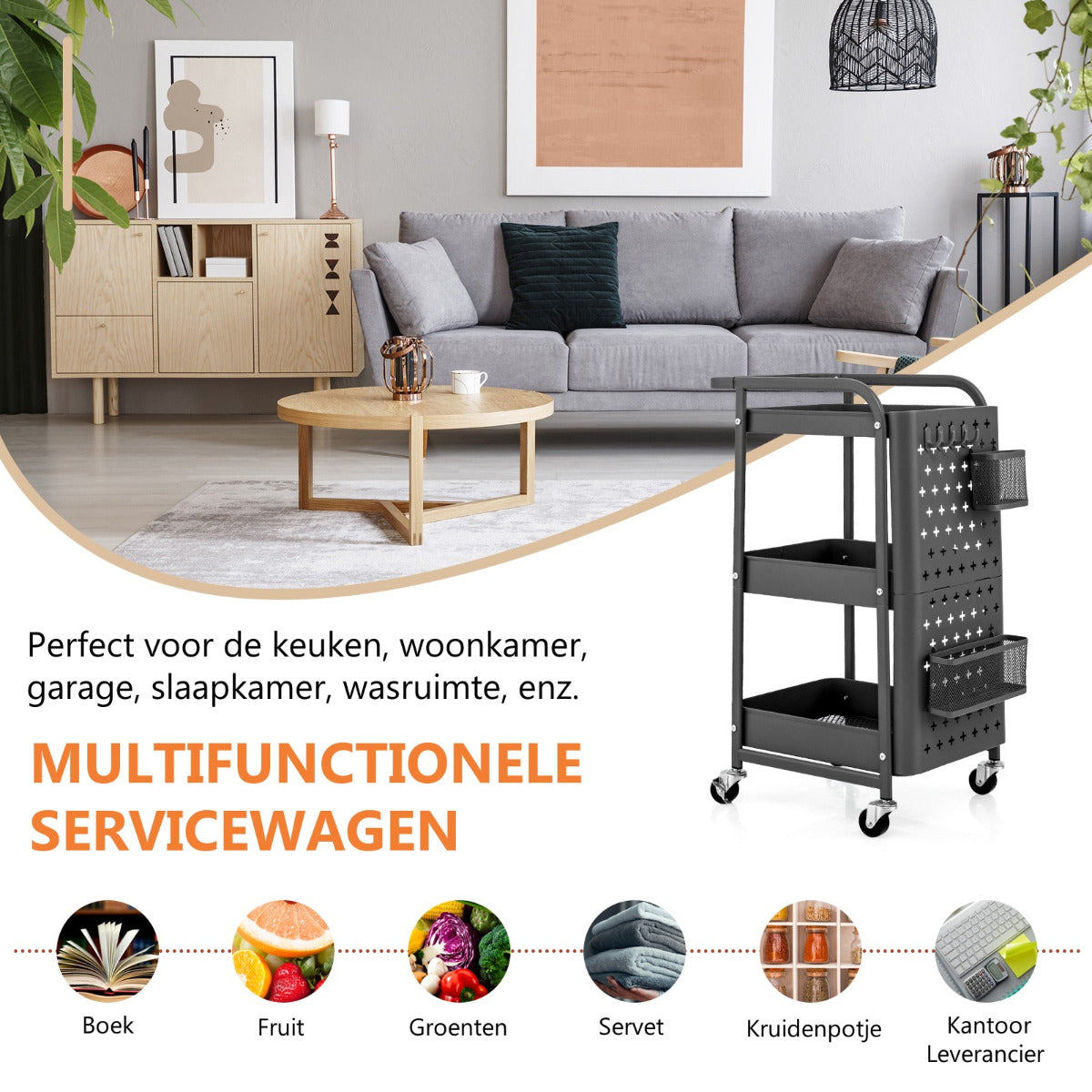 LIVSK Rolwagen met 3 Niveaus - Multifunctioneel met Knijperborden en Manden - Verplaatsbaar met Wielen - Grijs