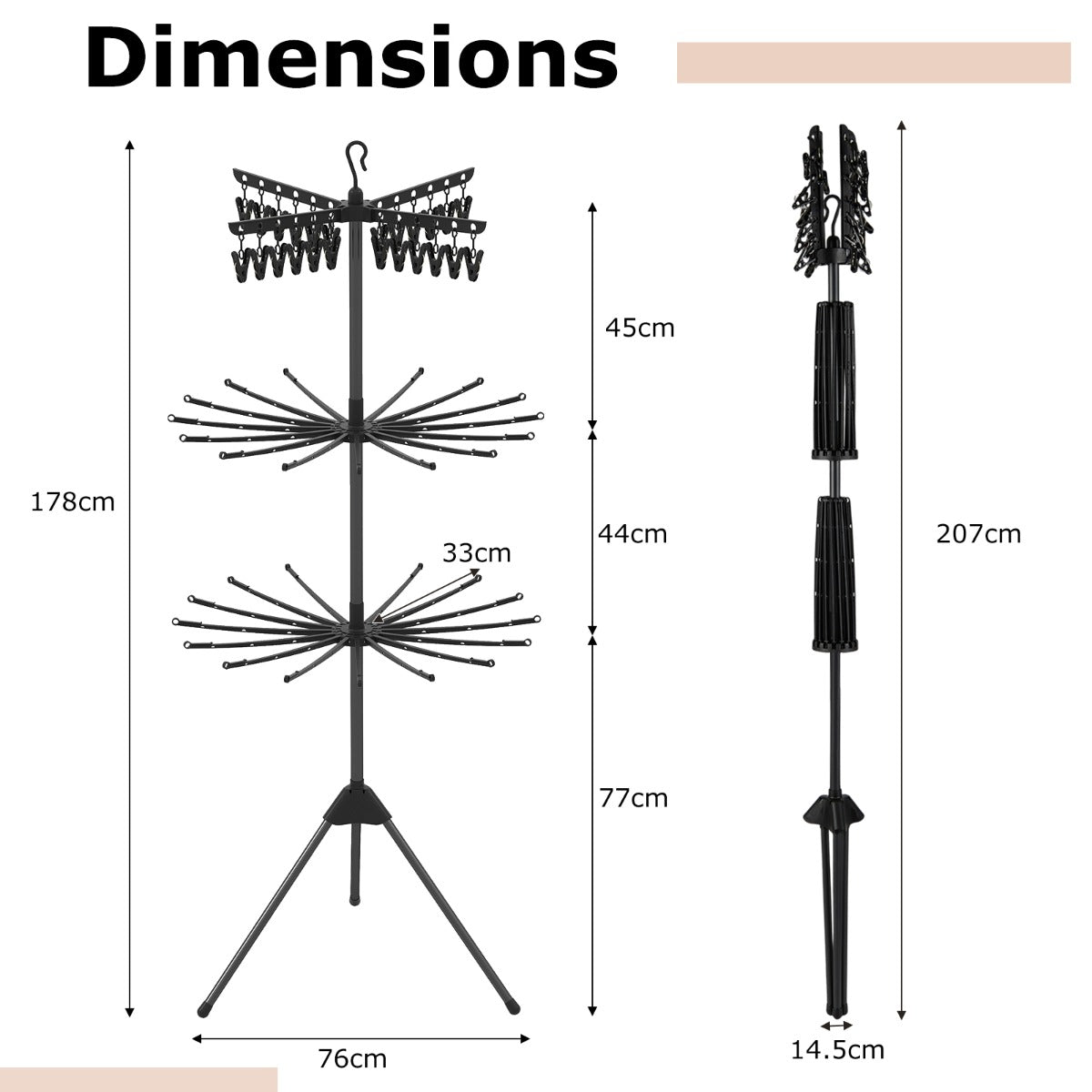 LIVSK 3-traps Inklapbare Wasdroger - 178 cm Hoogte - 24 Clips - 32 Stangen - Ruimtebesparend - Zwart