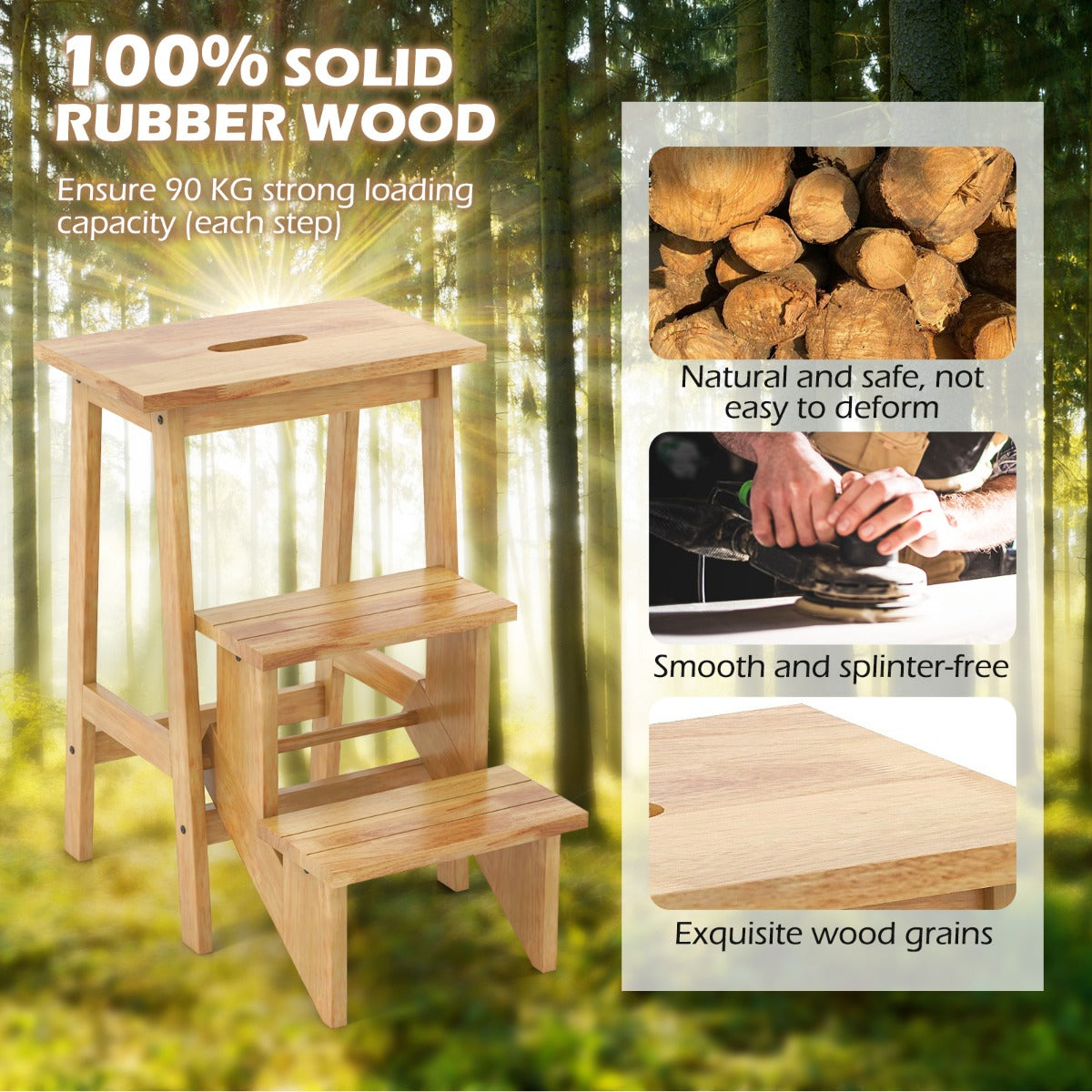 LIVSK 3-in-1 Trapkruk - Antislip Treden - Multifunctioneel als Kruk of Plantenstandaard - Tot 90 kg - Natuurlijk Houtkleurig