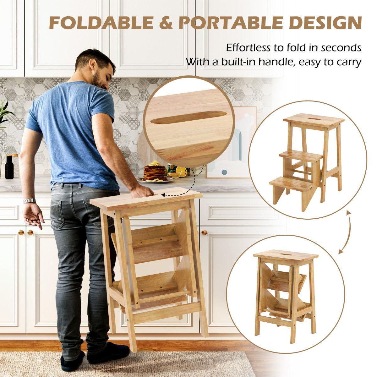 LIVSK 3-in-1 Trapkruk - Antislip Treden - Multifunctioneel als Kruk of Plantenstandaard - Tot 90 kg - Natuurlijk Houtkleurig