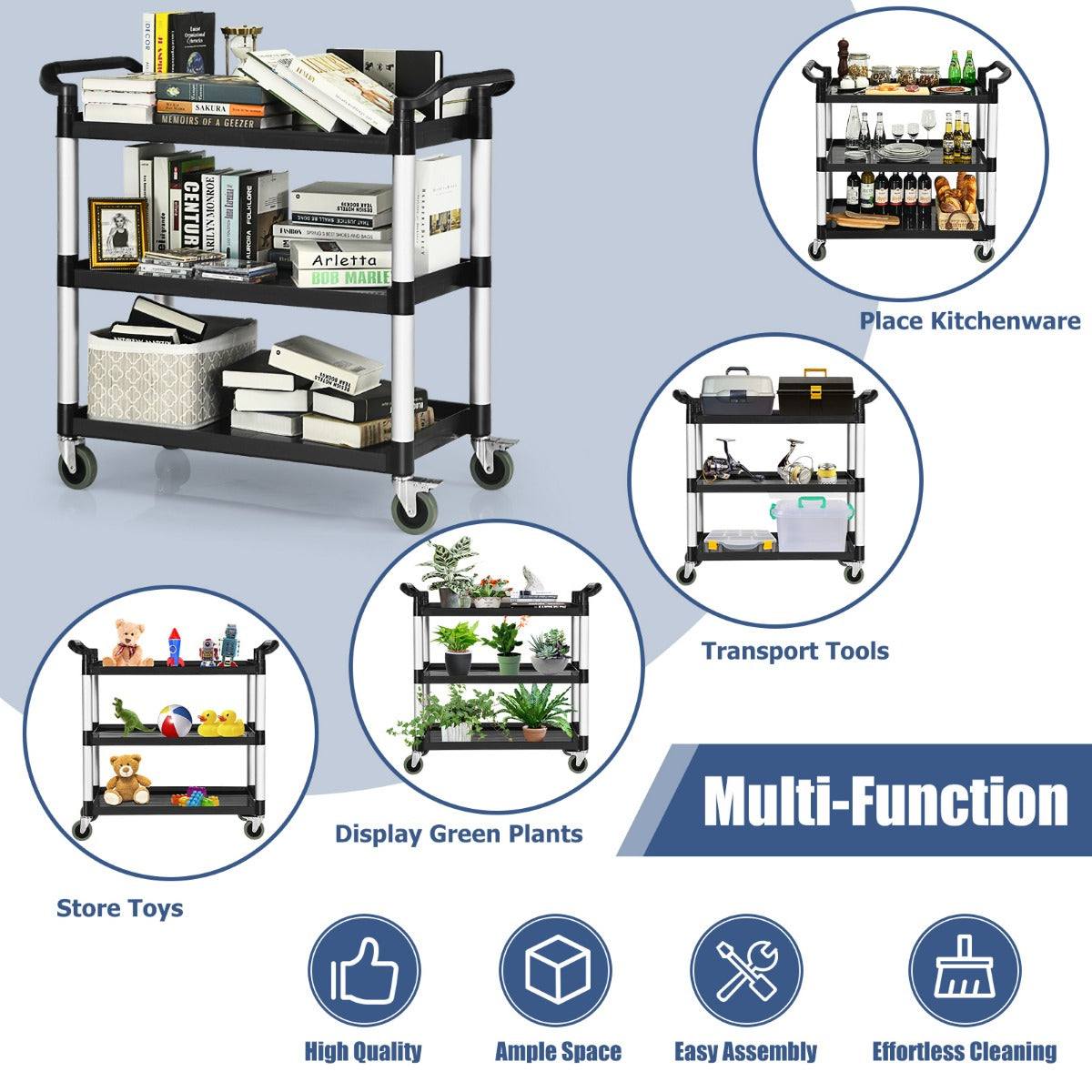 LIVSK Multifunctionele Trolley - 3 Niveaus - 360° Draaibare Wielen - Remsysteem - Tot 150 kg - Zwart