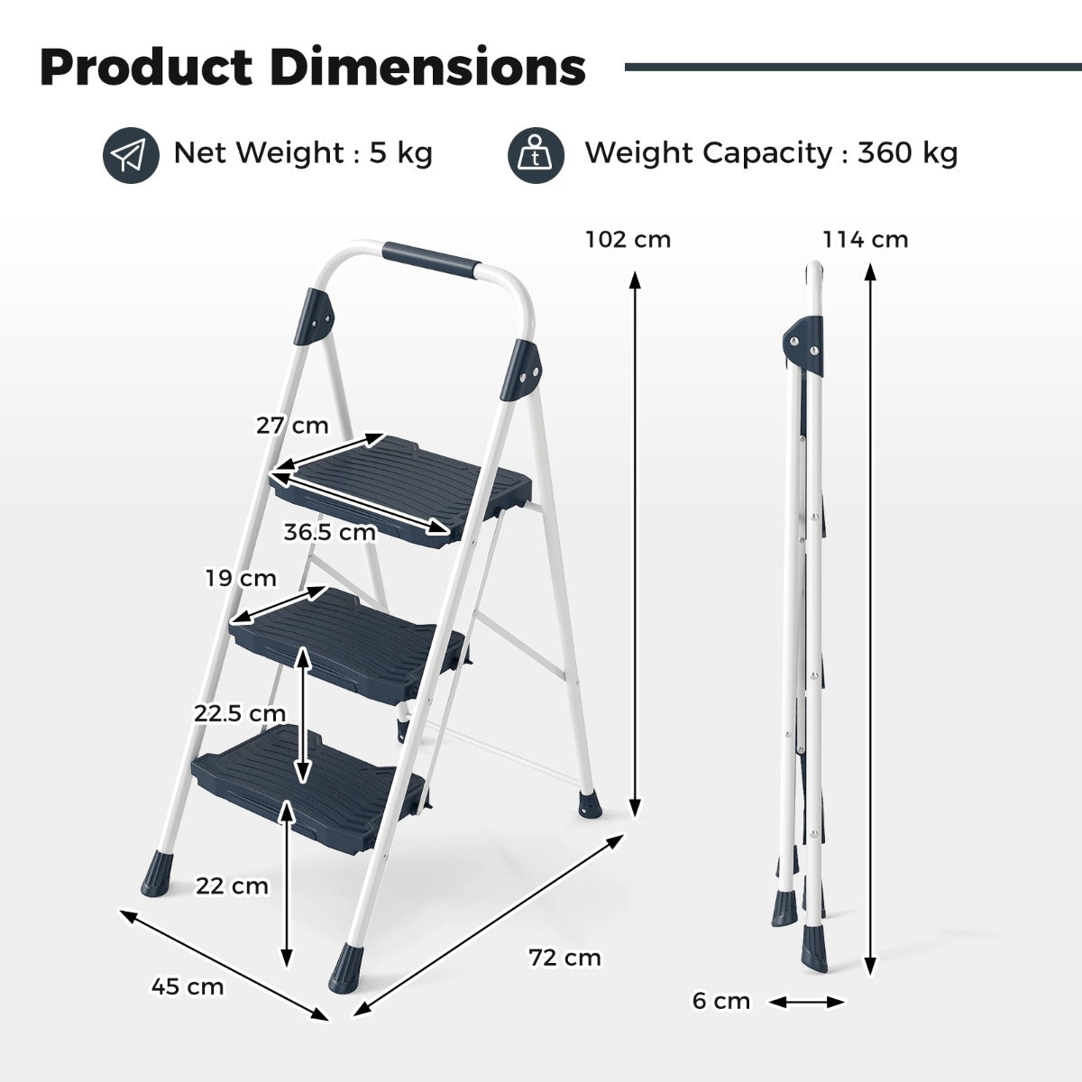 Livsk costway 3 treden ladder opvouwbare trapladder met beklede leuning en brede antisliptreden draagbare ladder blauw 1 1
