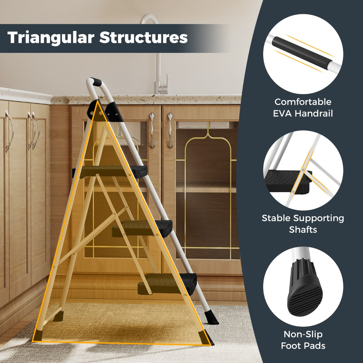 Livsk costway 3 treden ladder opvouwbare trapladder met beklede leuning en brede antisliptreden draagbare ladder zwart 5