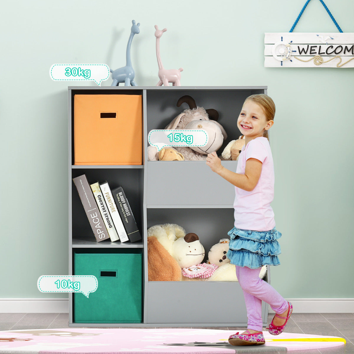 LIVSK Opbergkast Kinderplank - Hoogwaardig MDF - Veilig en Duurzaam - Met Open Planken en Mandjes - 76 x 28 x 94 cm - Grijs