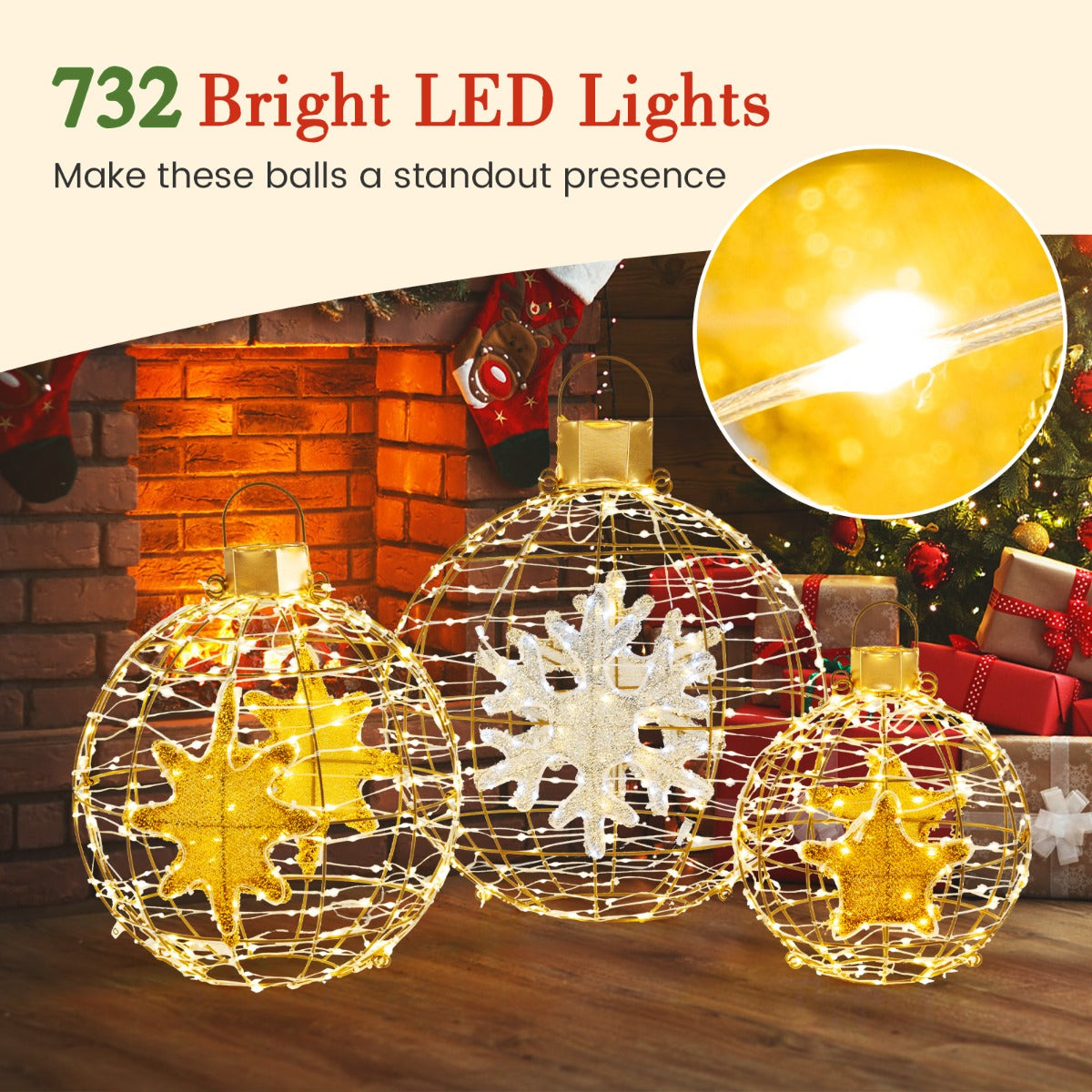 LIVSK Voorverlichte Kerstballen - 732 LED-lampjes - Weerbestendig - Hangend of Staand - Elegante Decoratie - Goud