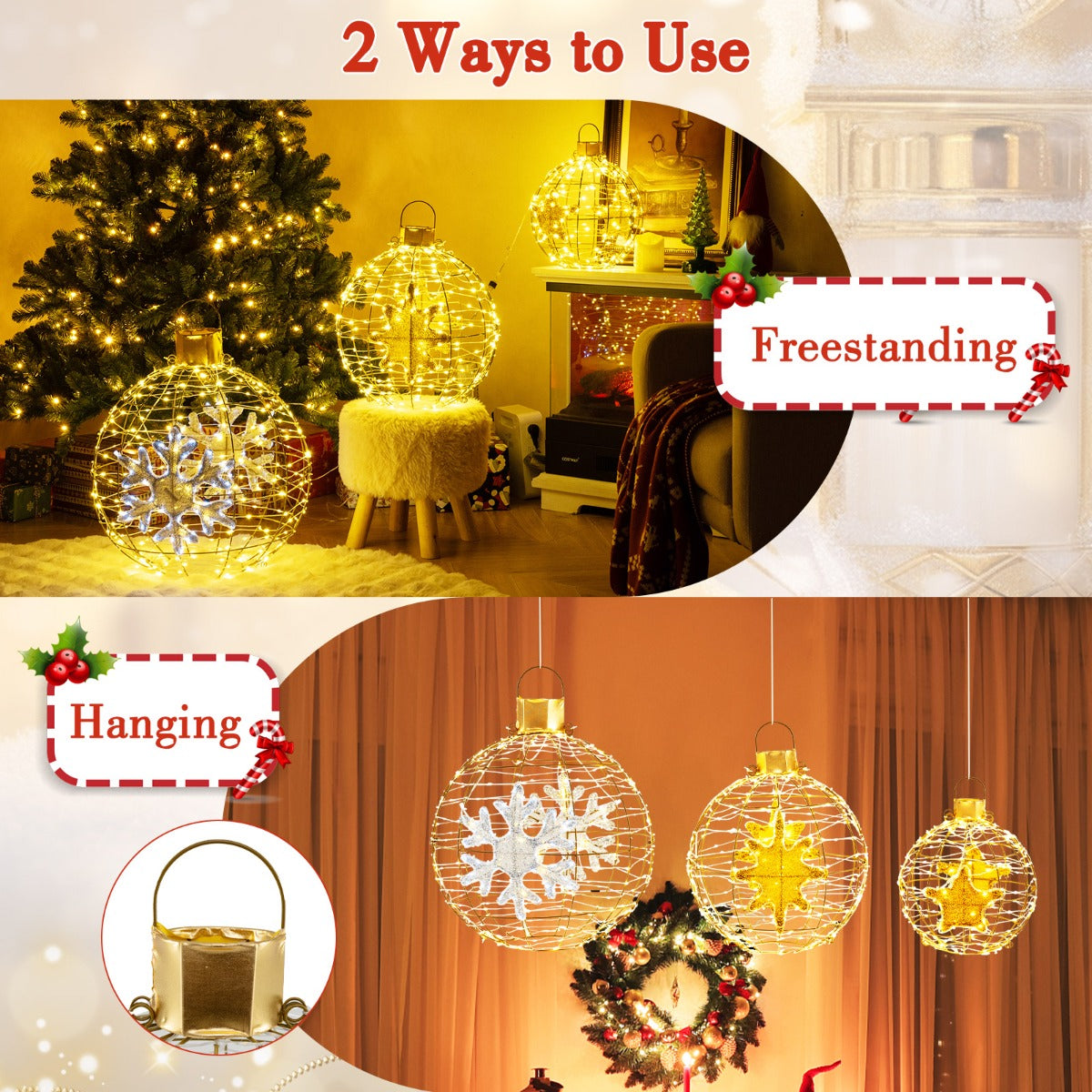 LIVSK Voorverlichte Kerstballen - 732 LED-lampjes - Weerbestendig - Hangend of Staand - Elegante Decoratie - Goud