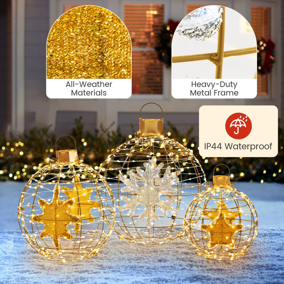 LIVSK Voorverlichte Kerstballen - 732 LED-lampjes - Weerbestendig - Hangend of Staand - Elegante Decoratie - Goud