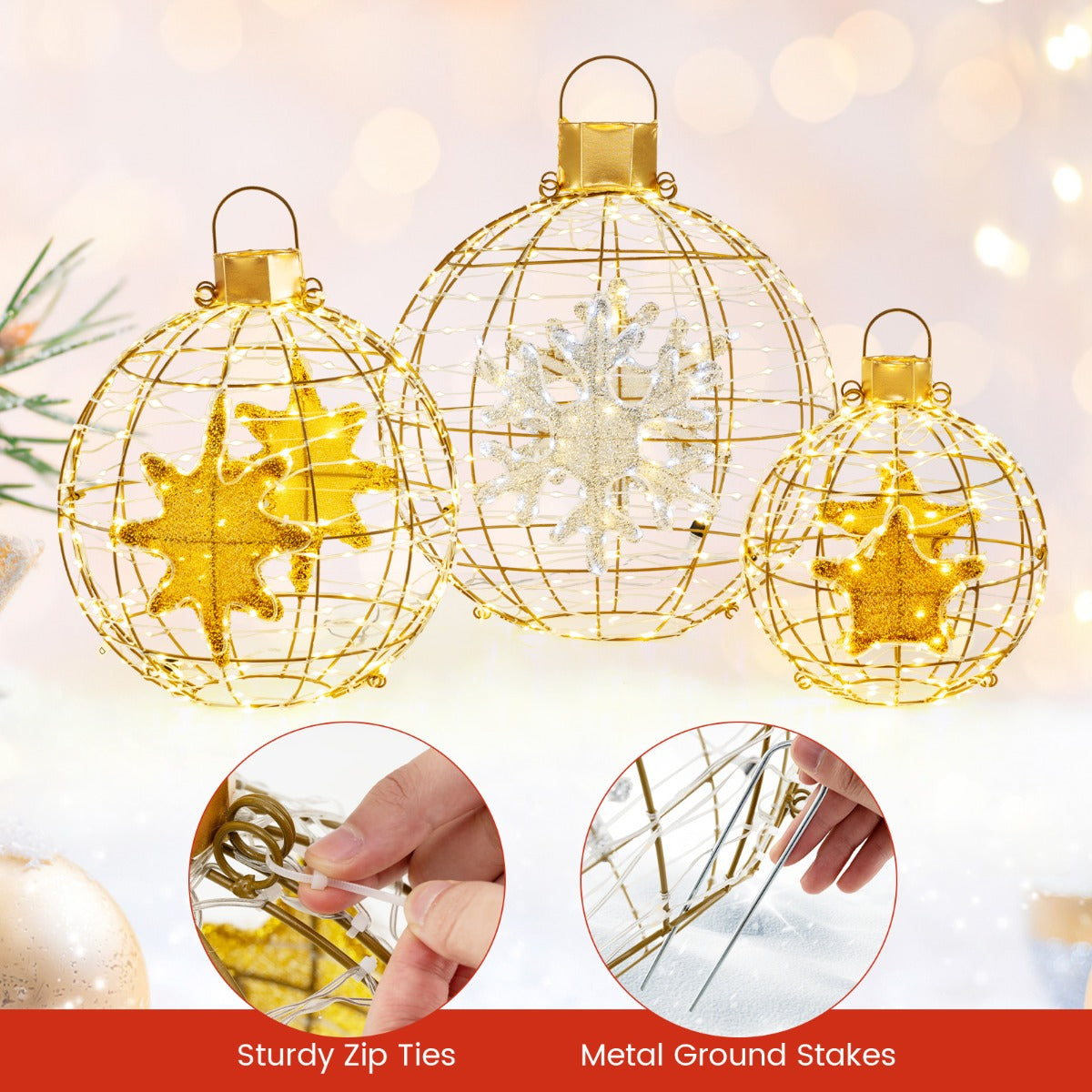 LIVSK Voorverlichte Kerstballen - 732 LED-lampjes - Weerbestendig - Hangend of Staand - Elegante Decoratie - Goud