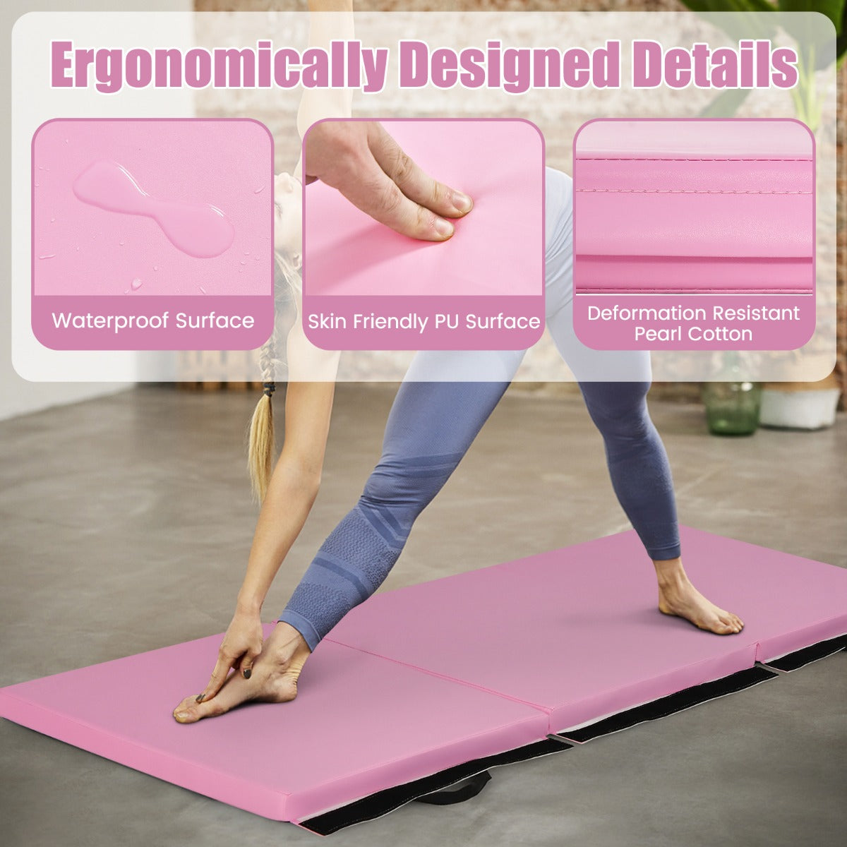 LIVSK Opvouwbare Oefenmat - Ergonomisch Ontwerp - Waterdicht - Handvatten - Ideaal voor Yoga en Pilates - 180 x 60 cm - Roze