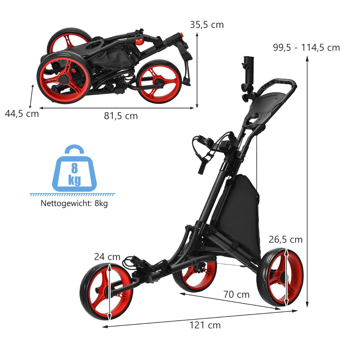 LIVSK Inklapbare Golftrolley - Lichtgewicht Aluminium - Kogellager Wielen - Ergonomische Handgreep - Opbergtas - Rood + Zwart