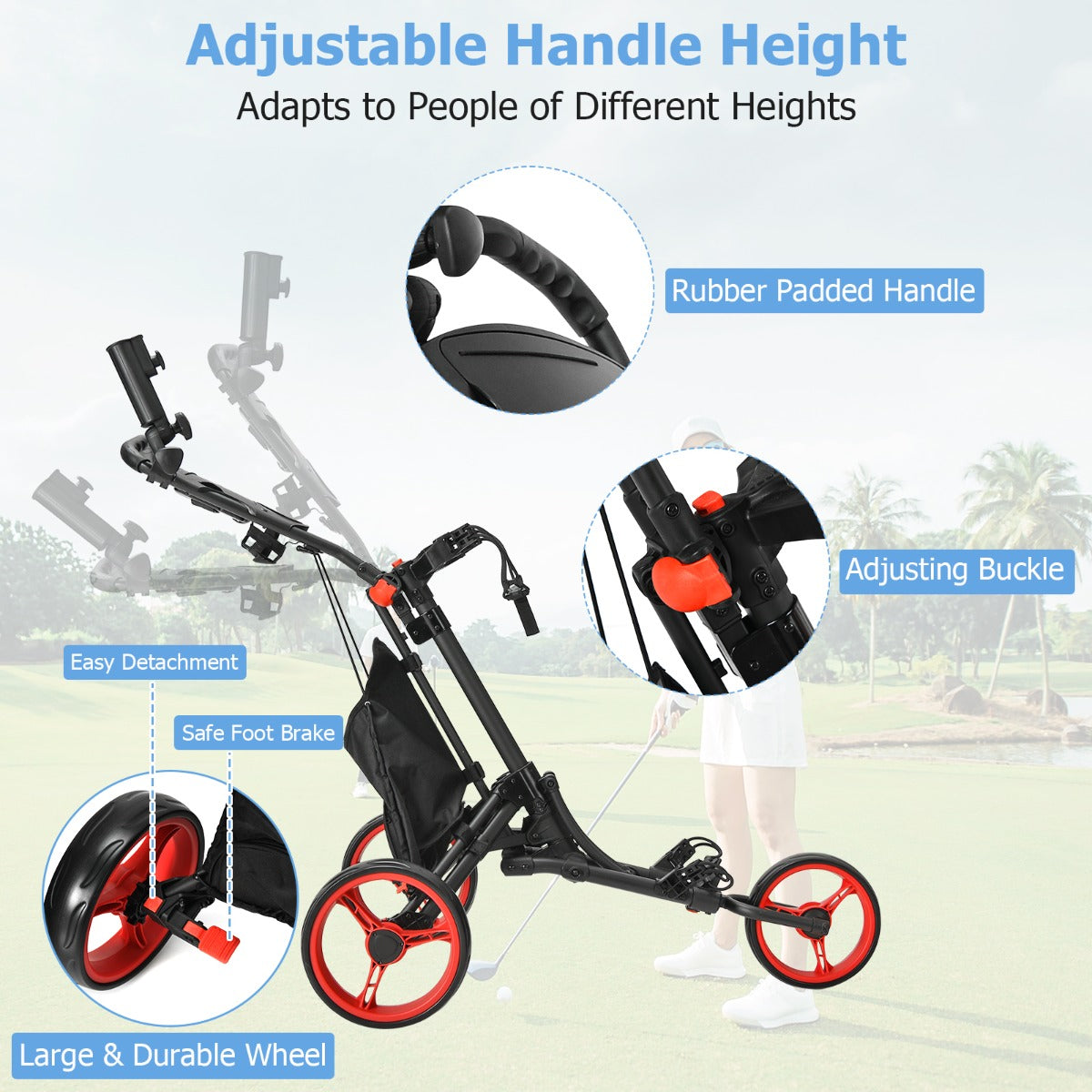 LIVSK Inklapbare Golftrolley - Lichtgewicht Aluminium - Kogellager Wielen - Ergonomische Handgreep - Opbergtas - Rood + Zwart