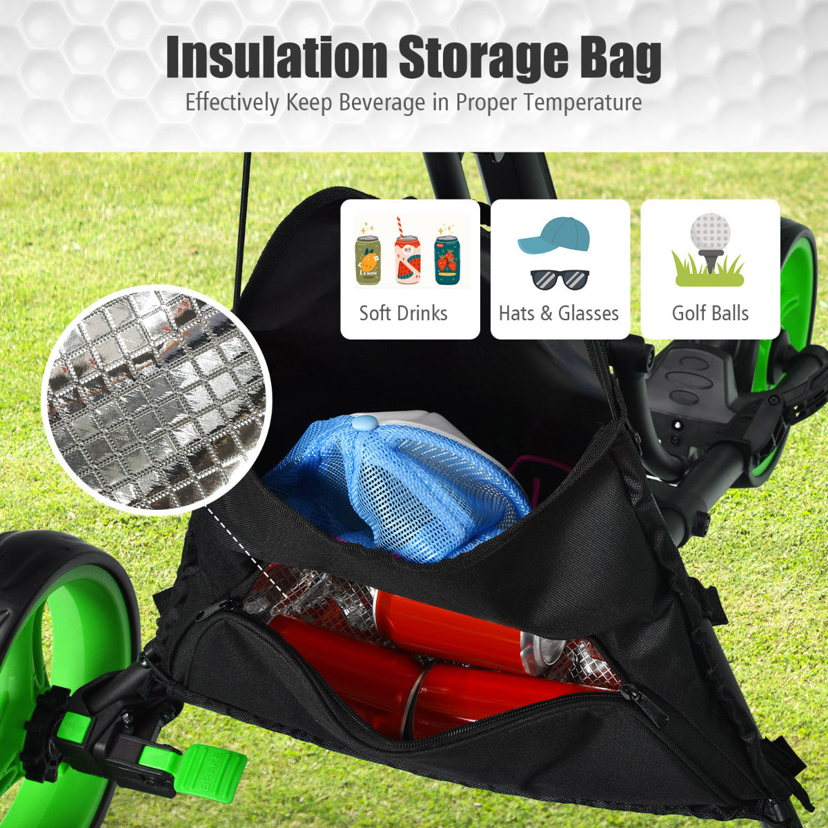 LIVSK Opvouwbare Golftrolley - Aluminium Frame - Verstelbare Handgreep - Kogellager Wielen - Opbergruimte - Zwart + Groen