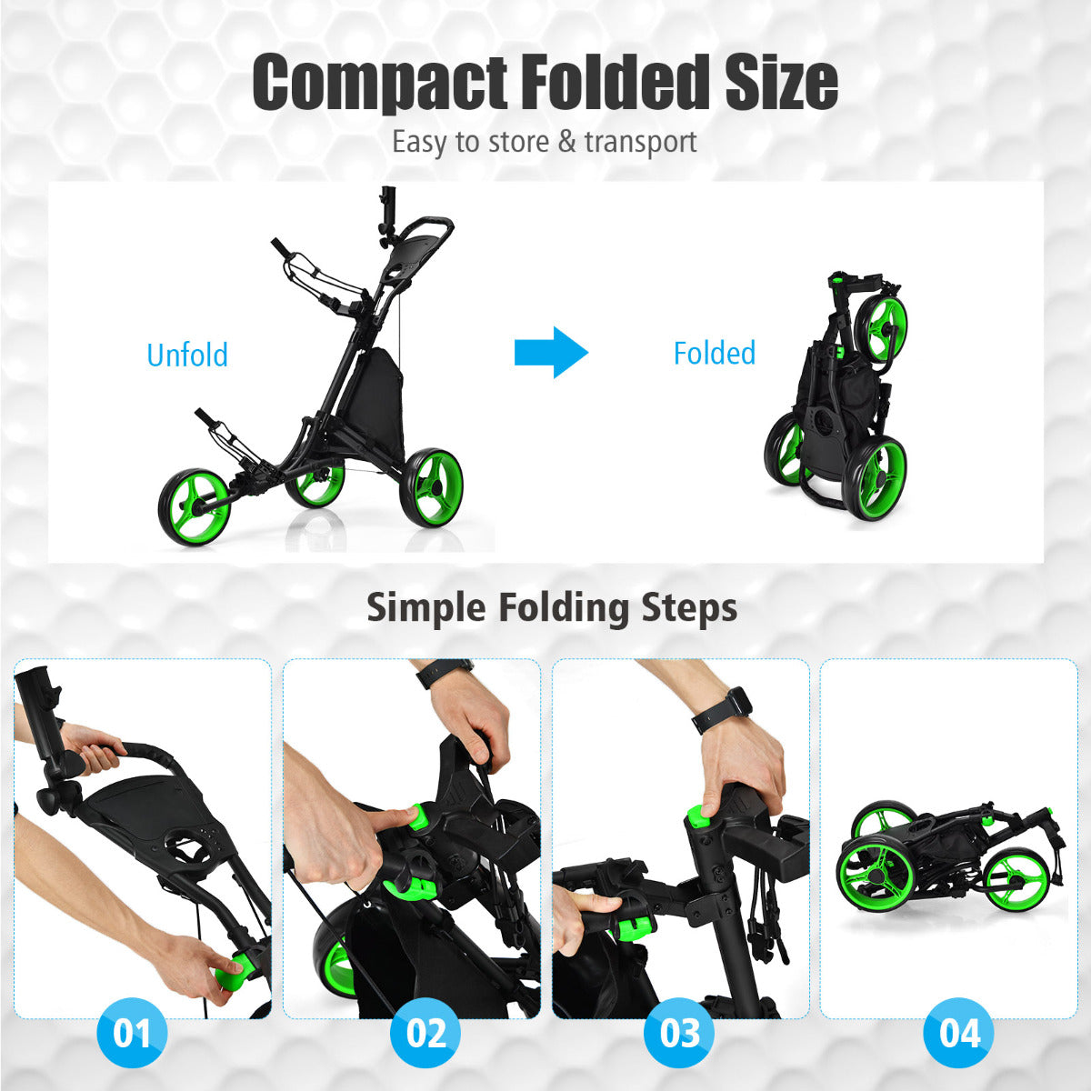 LIVSK Opvouwbare Golftrolley - Aluminium Frame - Verstelbare Handgreep - Kogellager Wielen - Opbergruimte - Zwart + Groen