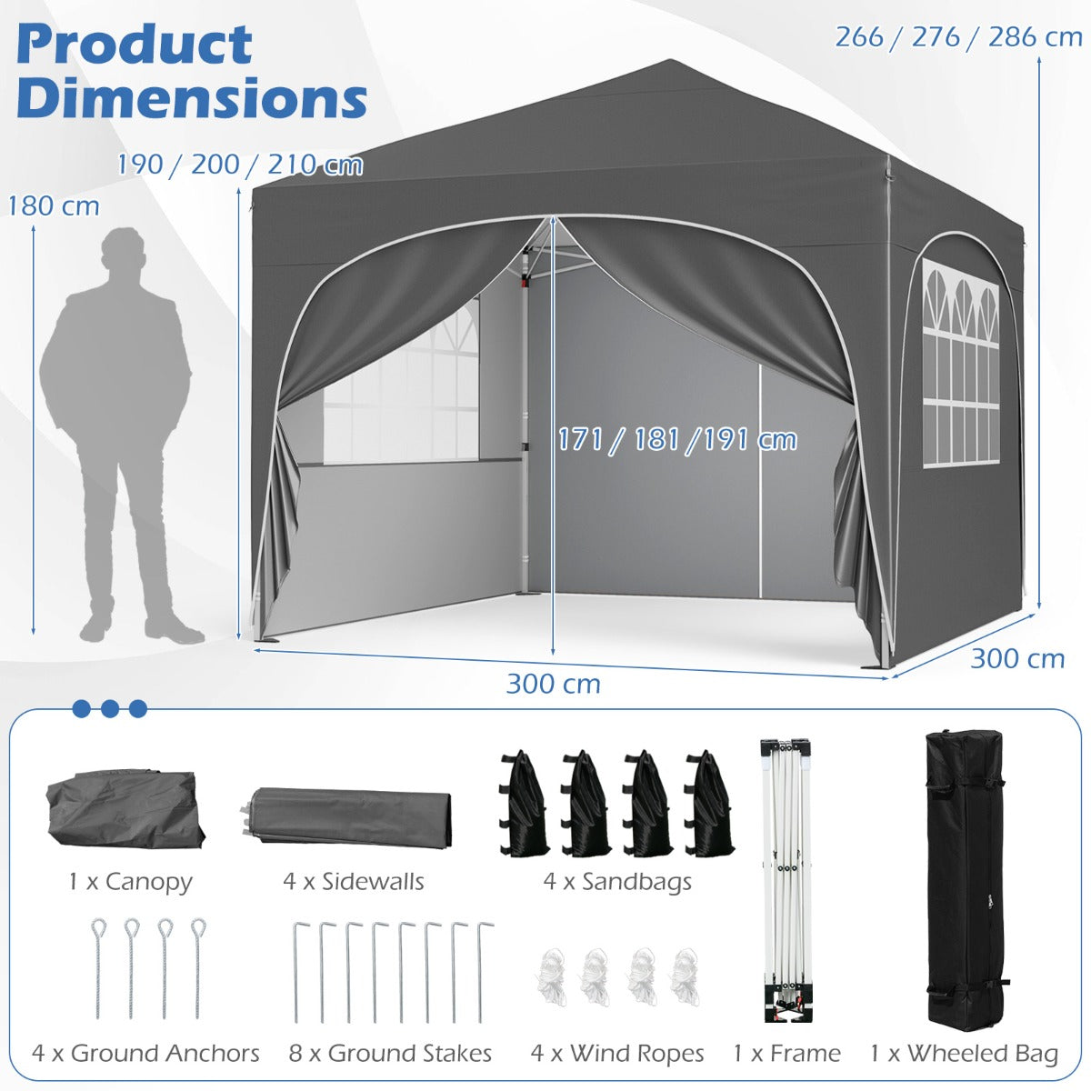 LIVSK Opvouwbare Partytent met 4 Afneembare Zijwanden - Pop-up Structuur - Verstelbare Hoogte tot 286 cm - Inclusief Haringen en