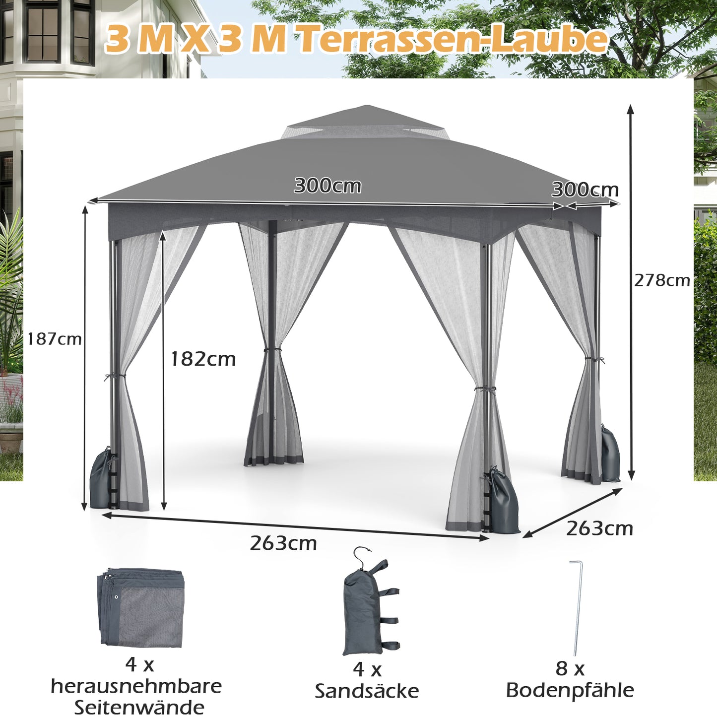 LIVSK Tuinpaviljoen met Muggennet - Waterdicht - 300 x 300 x 278 cm - Eenvoudige installatie - Met Zandzakken - Khaki