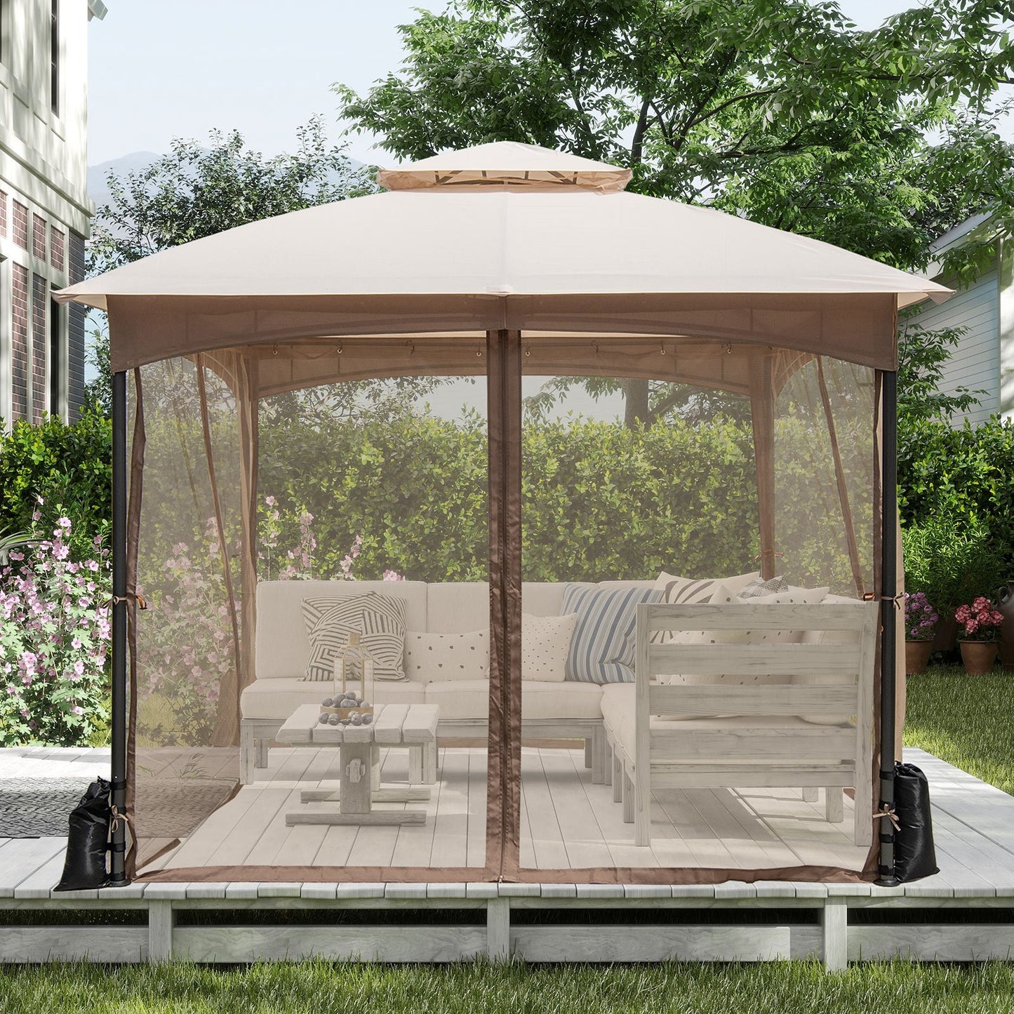 LIVSK Tuinpaviljoen met Net - Waterdicht Dubbel Dak - Eenvoudige Montage - 300 x 300 x 278 cm - Khaki