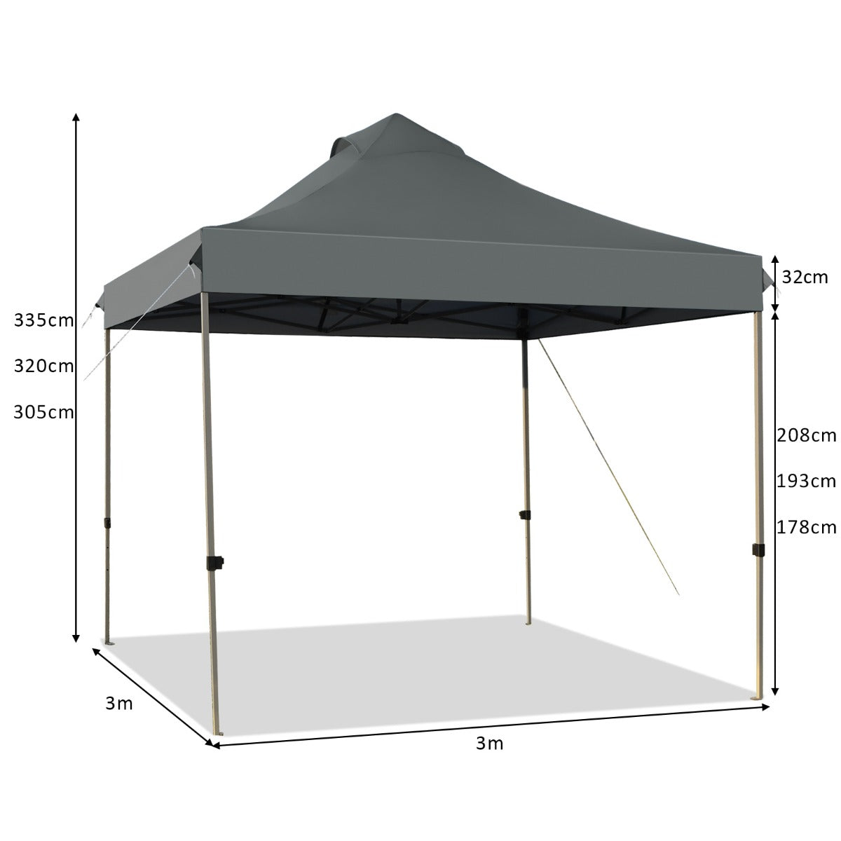 LIVSK Opvouwbare Partytent - Waterdicht en Zilvercoating - Verstelbaar tot 335 cm - 9 m² Schaduw - Voor 6-8 Personen - Grijs