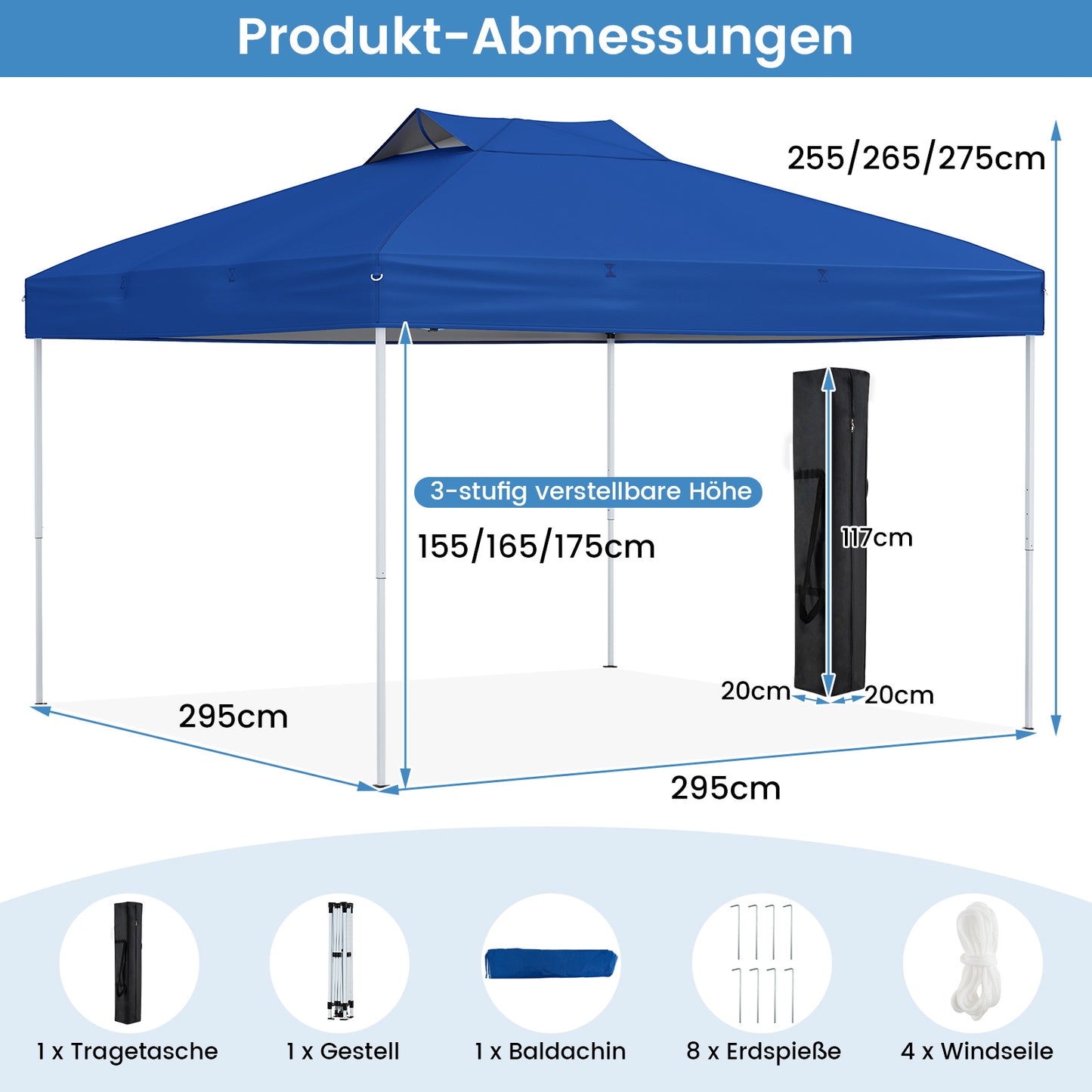 LIVSK Pop-up-paviljoen - Waterdicht met UV-bescherming 50+ - Eenvoudige montage - Draagbaar - 295 x 295 x 255-275 cm - Blauw