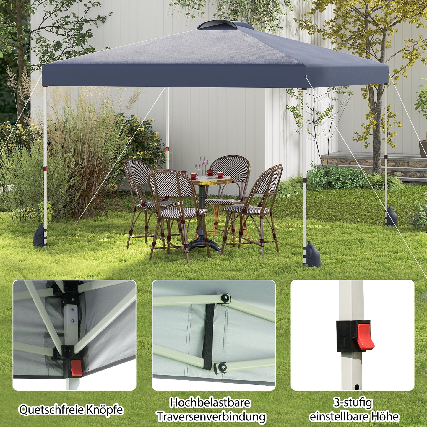 LIVSK Opvouwbaar Tuinpaviljoen - Pop-up Structuur - UPF50+ Zonbescherming - Draagtas met Wielen - 3 x 3 x 2,66-2,86 m - Grijs