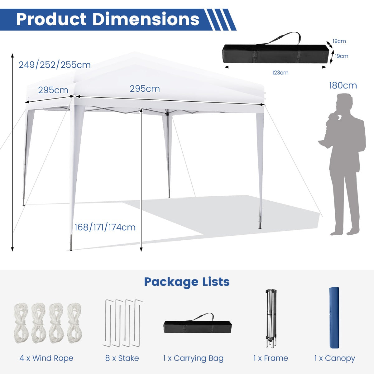 LIVSK Pop-up Paviljoen - Verstelbaar in Hoogte - Waterdicht - Eenvoudig Op te Zet - 9 m² Schaduw - Draagtas - 295 x 295 x 249-255