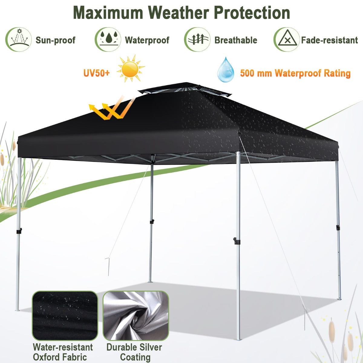 LIVSK Pop-up Paviljoen - Geventileerd Dak - Centrale Vergrendeling - Draagtas met Wielen - 305 x 305 x 217-275 cm - Zwart