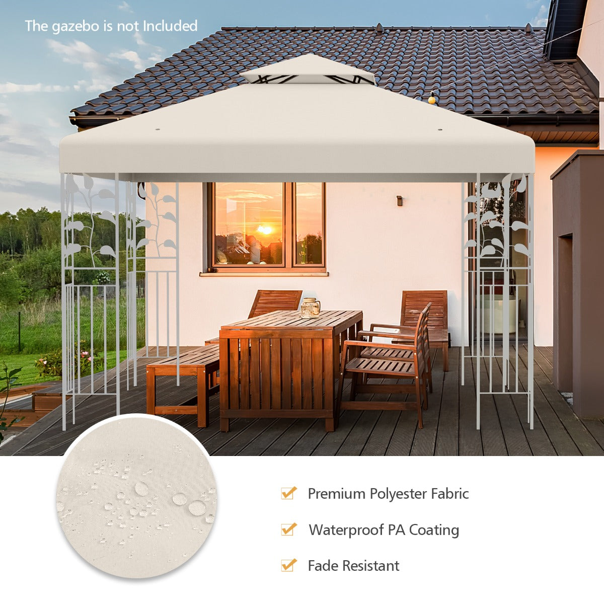 LIVSK Vervangende Prieelhoes 300 x 300 cm - Waterdicht Polyester - Dubbel Geventileerd - Afvoergaten - Beige