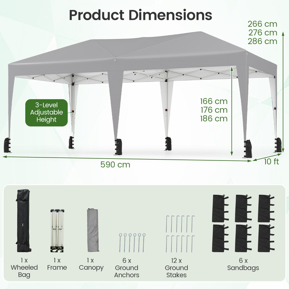 LIVSK Pop-up Partytent met UV-bescherming 50+ - 3 Hoogtes - Eenvoudig op te zetten - Draagtas met Wielen - 590 x 300 x 266-286 cm