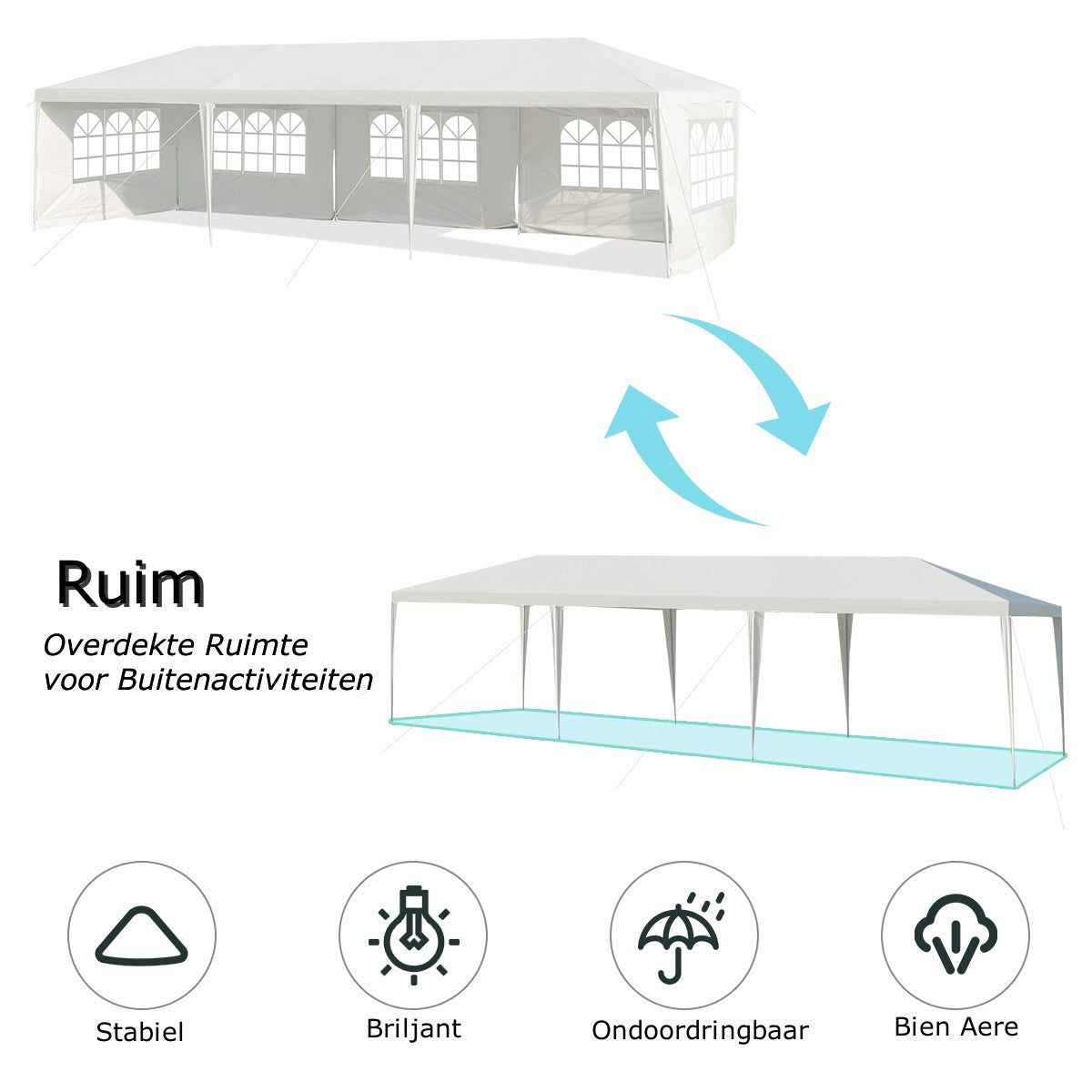 LIVSK Tuinpaviljoen met Verwijderbare Zijwanden - Stevig Stalen Frame - Eenvoudige Montage - 9 x 3 x 2,60 m - Wit
