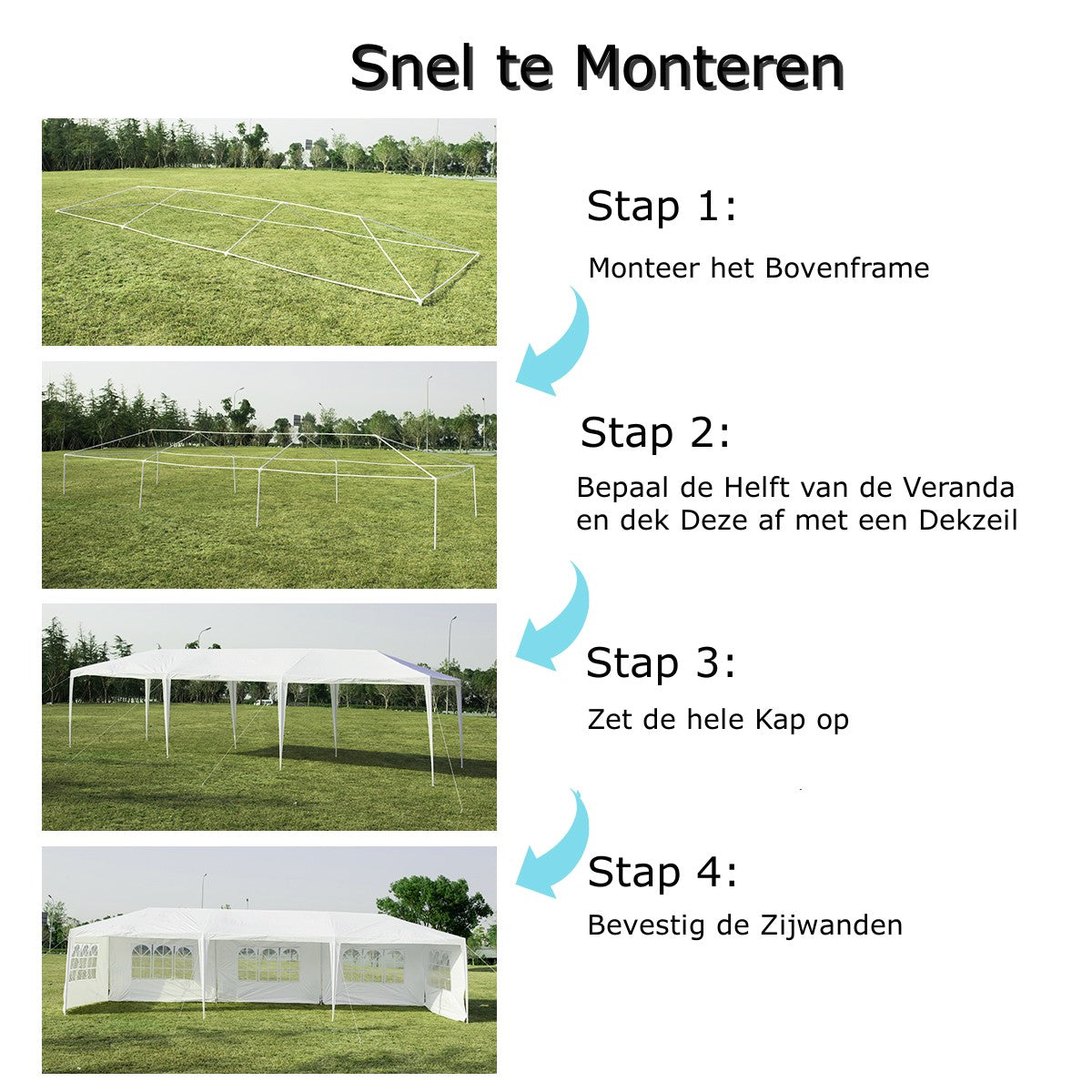 LIVSK Tuinpaviljoen met Verwijderbare Zijwanden - Stevig Stalen Frame - Eenvoudige Montage - 9 x 3 x 2,60 m - Wit