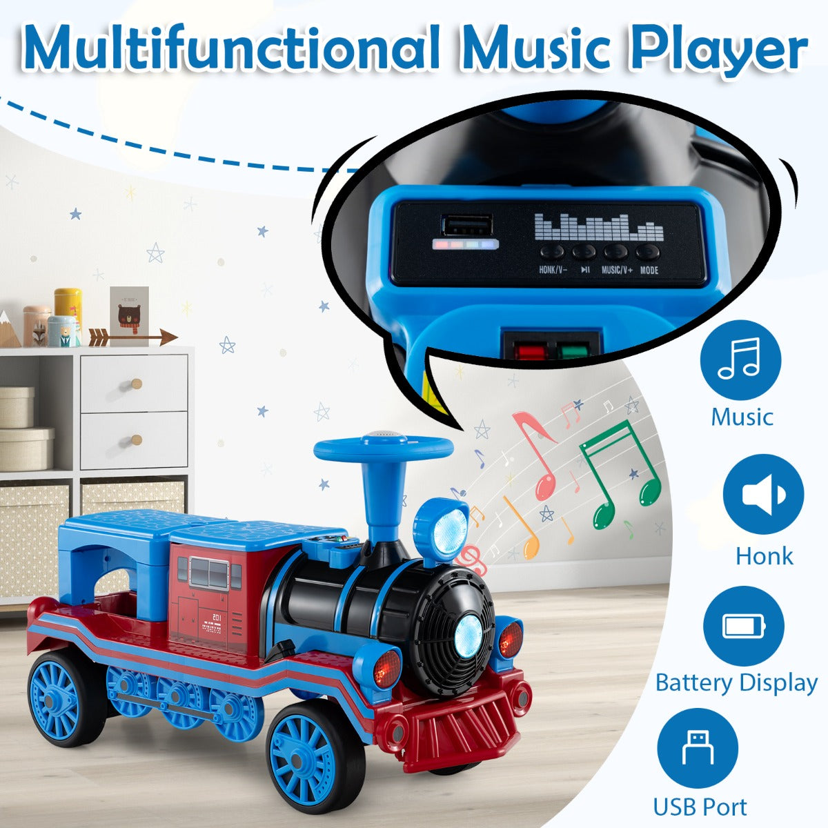 Livsk costway 3 zits elektrische treinset 12v kindervoertuig met 2 afneembare stoelen 1 locomotief 1 wagon 2