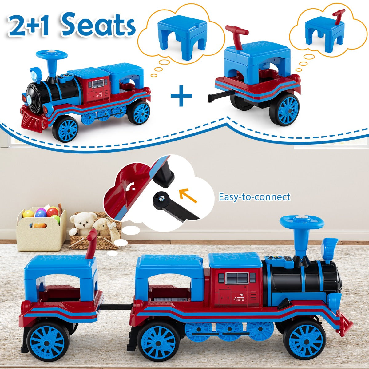 Livsk costway 3 zits elektrische treinset 12v kindervoertuig met 2 afneembare stoelen 1 locomotief 1 wagon 5