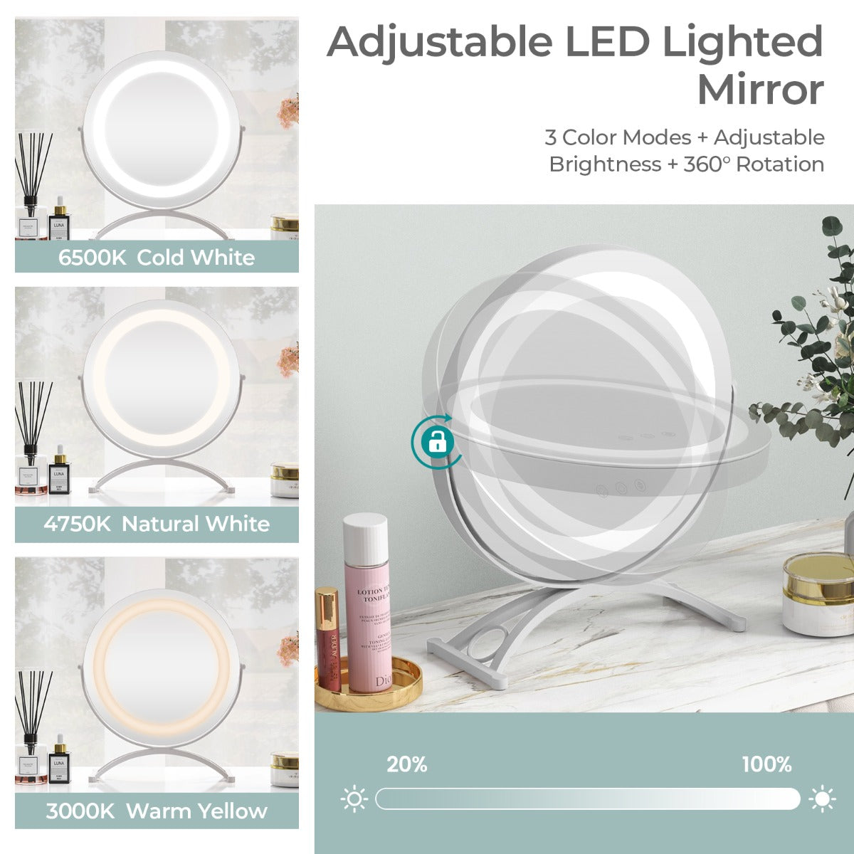 LIVSK LED Make-Up Spiegel - 3 Kleurstanden - Geheugenfunctie - 360° Draaibaar - Zilver - 32,5 x 12,5 x 35,5 cm