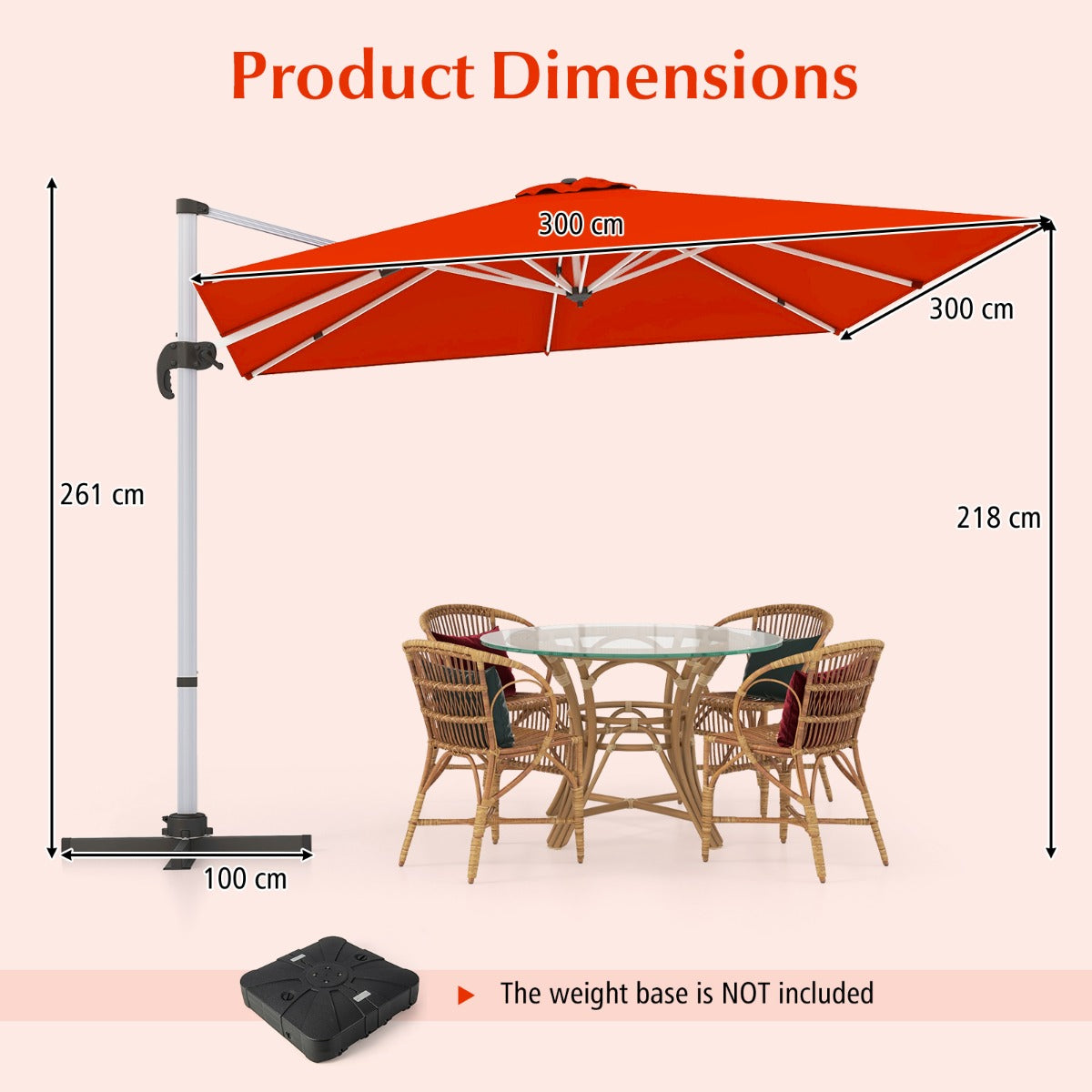 LIVSK Deluxe Terras Hangende Parasol - 3 m Diameter - Verstelbaar met Zwengel en 360° Rotatie - Aluminium en Polyester - Oranje