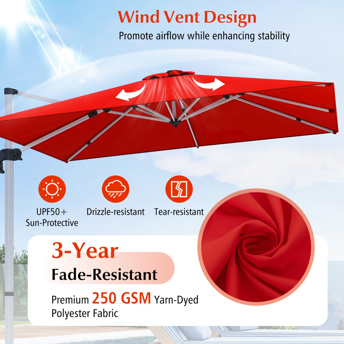 LIVSK Deluxe Terras Hangende Parasol - 3 m Diameter - Verstelbaar met Zwengel en 360° Rotatie - Aluminium en Polyester - Oranje