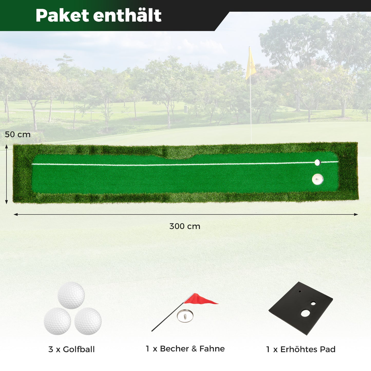 LIVSK Vouwbare Golf Puttingmat - Dubbel Gatontwerp - Uitlijnhulp - Kunstgras - Roestvrijstalen Beker - 300 x 50 cm - Groen