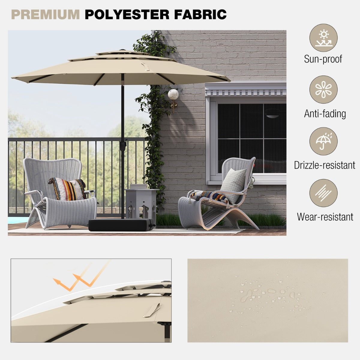 Livsk costway 300 cm grote 3 laagse parasol tafelparasol met kantelmechanisme handslinger 8 stevige ribben zonnescherm voor tuin beige