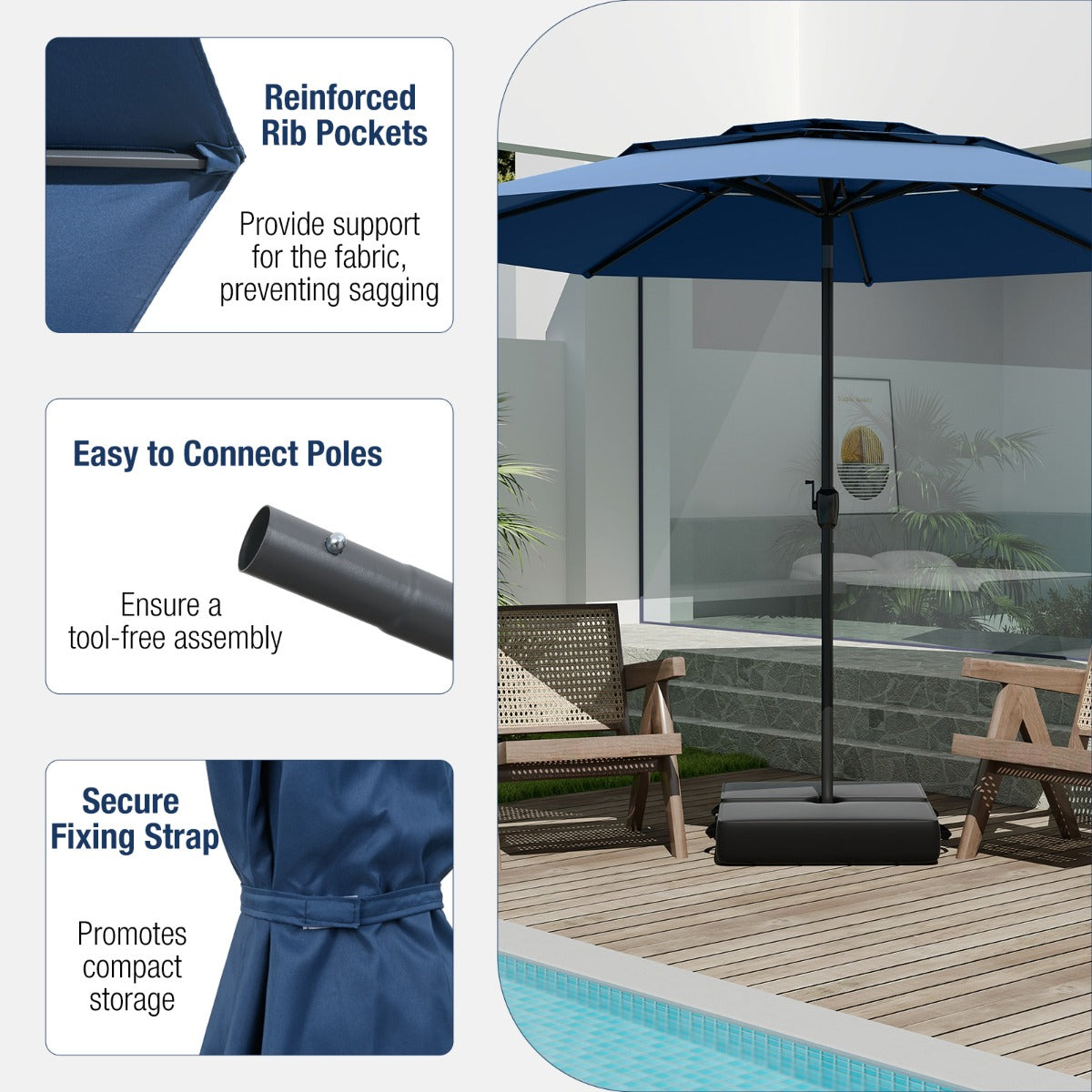 Livsk costway 300 cm grote 3 laagse parasol tafelparasol met kantelmechanisme handslinger 8 stevige ribben zonnescherm voor tuin donkerblauw