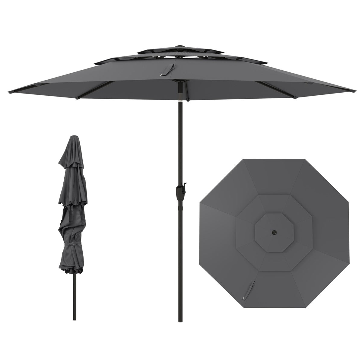 Livsk costway 300 cm grote 3 laagse parasol tafelparasol met kantelmechanisme handslinger 8 stevige ribben zonnescherm voor tuin grijs