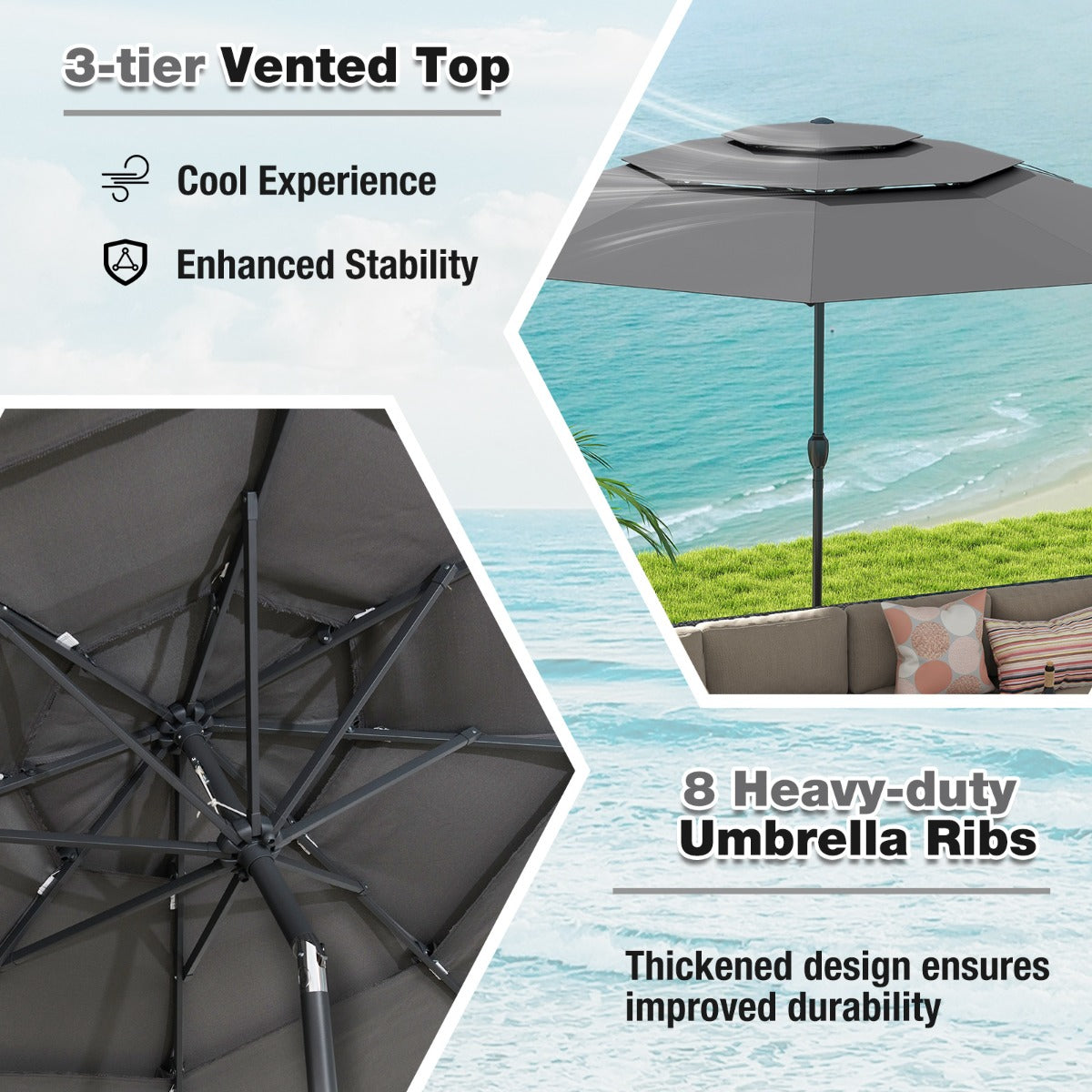 Livsk costway 300 cm grote 3 laagse parasol tafelparasol met kantelmechanisme handslinger 8 stevige ribben zonnescherm voor tuin grijs
