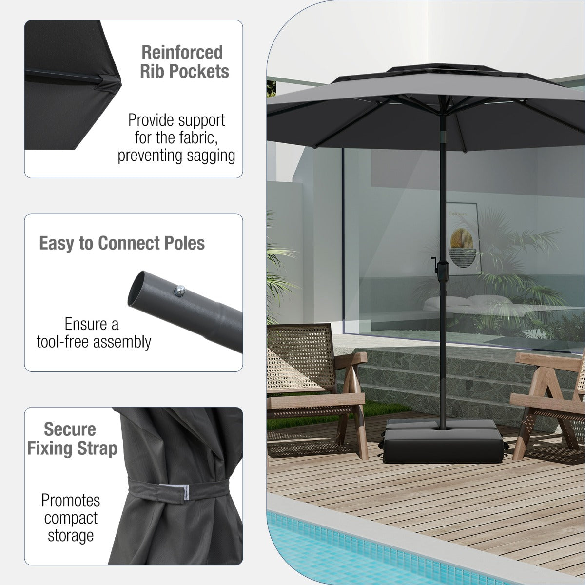 Livsk costway 300 cm grote 3 laagse parasol tafelparasol met kantelmechanisme handslinger 8 stevige ribben zonnescherm voor tuin grijs