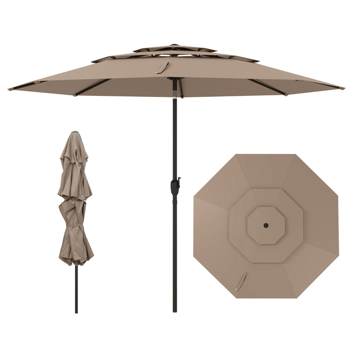 Livsk costway 300 cm grote 3 laagse parasol tafelparasol met kantelmechanisme handslinger 8 stevige ribben zonnescherm voor tuin lichtbruin