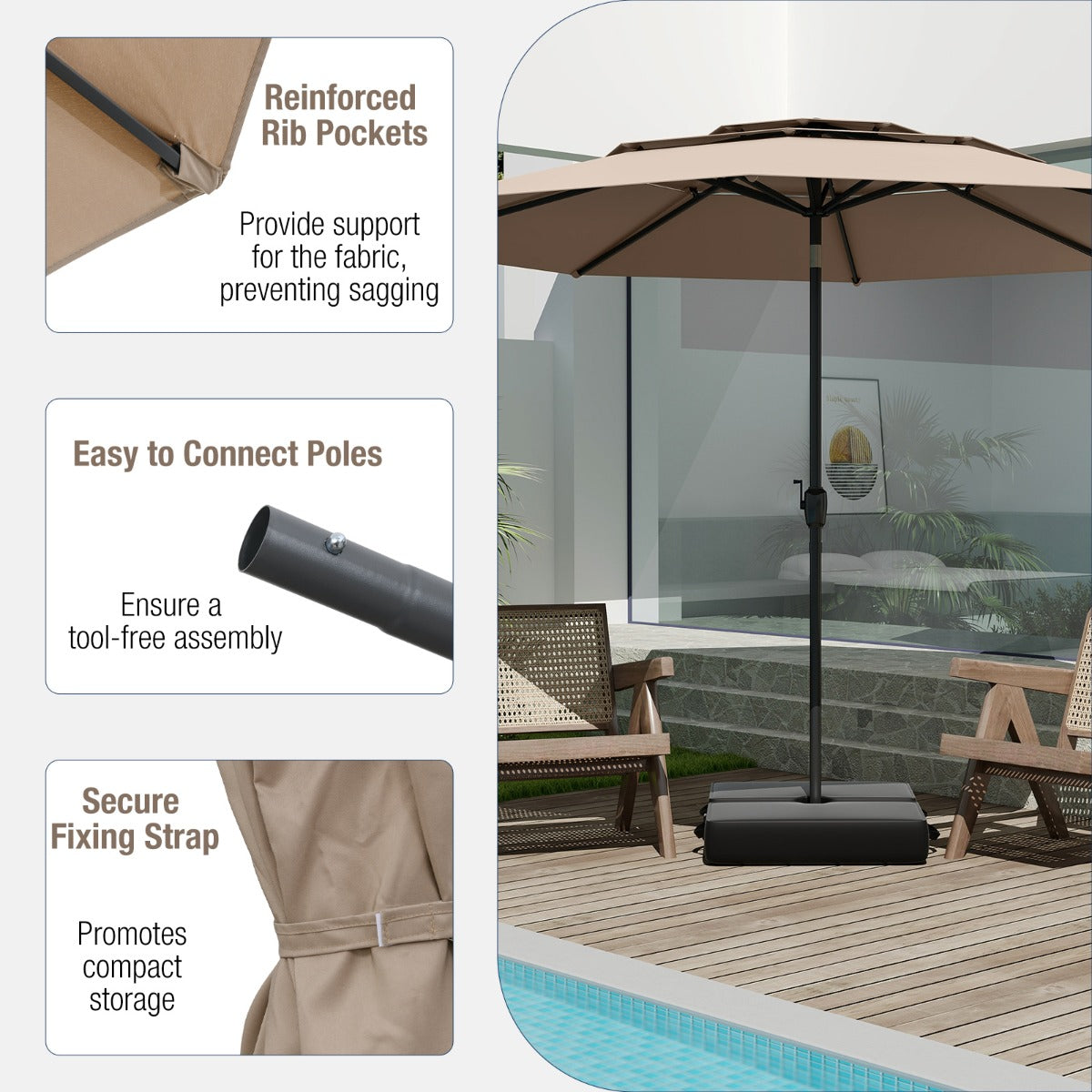 Livsk costway 300 cm grote 3 laagse parasol tafelparasol met kantelmechanisme handslinger 8 stevige ribben zonnescherm voor tuin lichtbruin