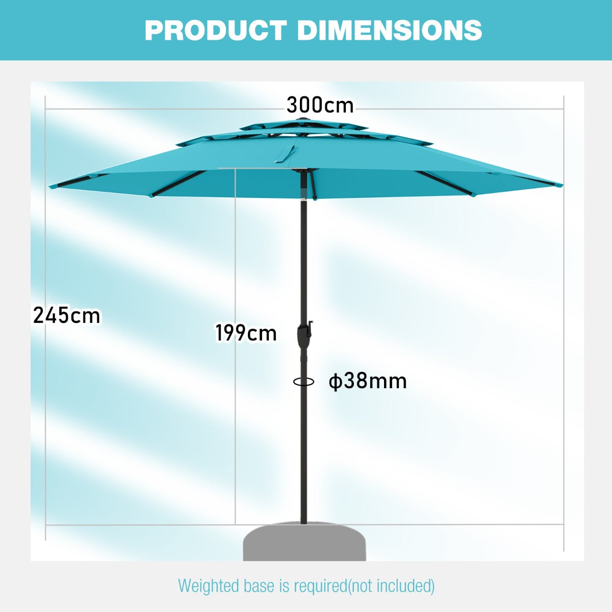 Livsk costway 300 cm grote 3 laagse parasol tafelparasol met kantelmechanisme handslinger 8 stevige ribben zonnescherm voor tuin strand turquoise 1
