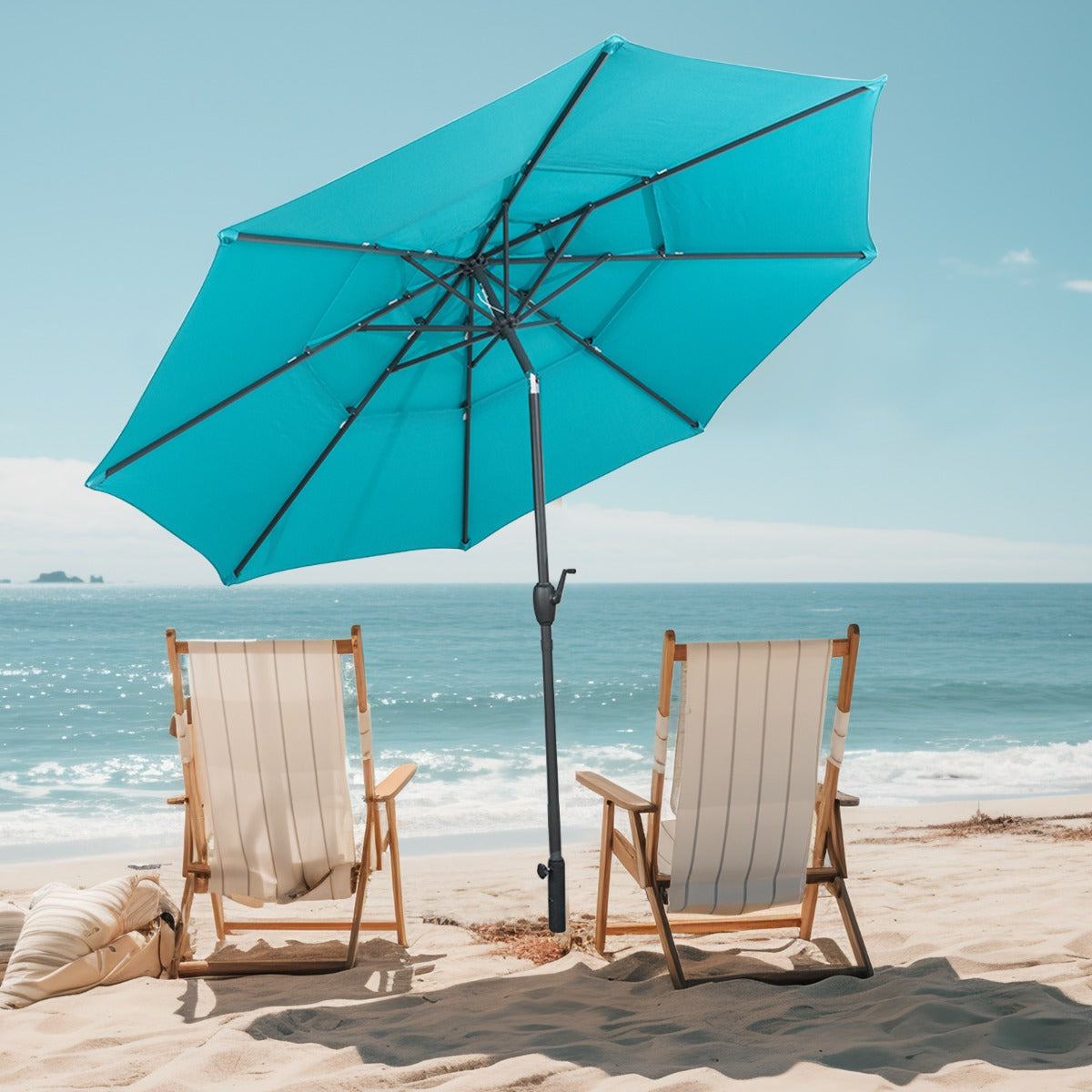 Livsk costway 300 cm grote 3 laagse parasol tafelparasol met kantelmechanisme handslinger 8 stevige ribben zonnescherm voor tuin strand turquoise