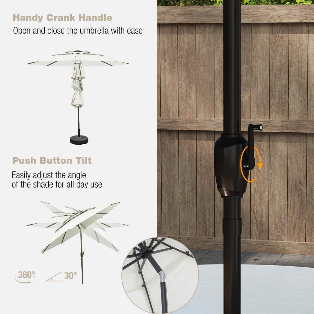 Livsk costway 300 cm grote 3 laagse parasol tafelparasol met kantelmechanisme handslinger 8 stevige ribben zonnescherm voor tuin strand wit