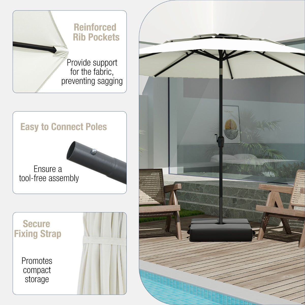 Livsk costway 300 cm grote 3 laagse parasol tafelparasol met kantelmechanisme handslinger 8 stevige ribben zonnescherm voor tuin strand wit