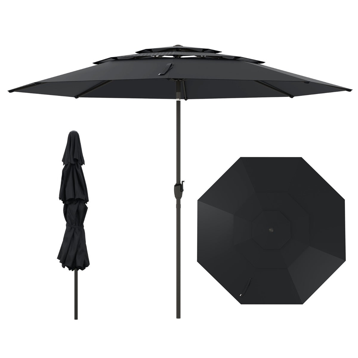 Livsk costway 300 cm grote 3 laagse parasol tafelparasol met kantelmechanisme handslinger 8 stevige ribben zonnescherm voor tuin strand zwart