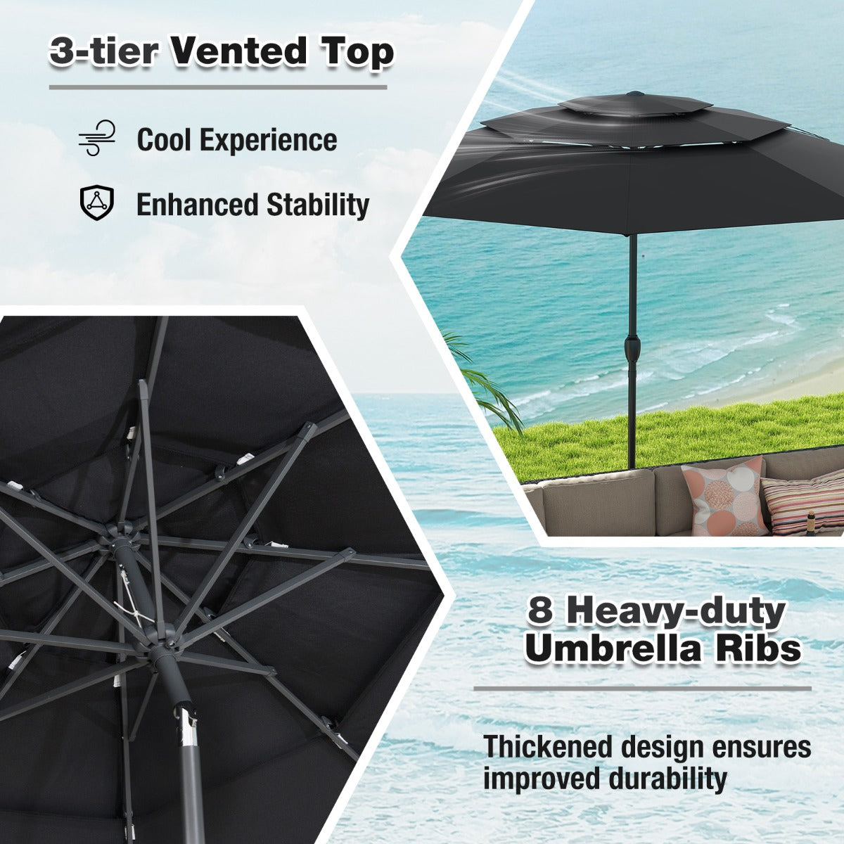 Livsk costway 300 cm grote 3 laagse parasol tafelparasol met kantelmechanisme handslinger 8 stevige ribben zonnescherm voor tuin strand zwart